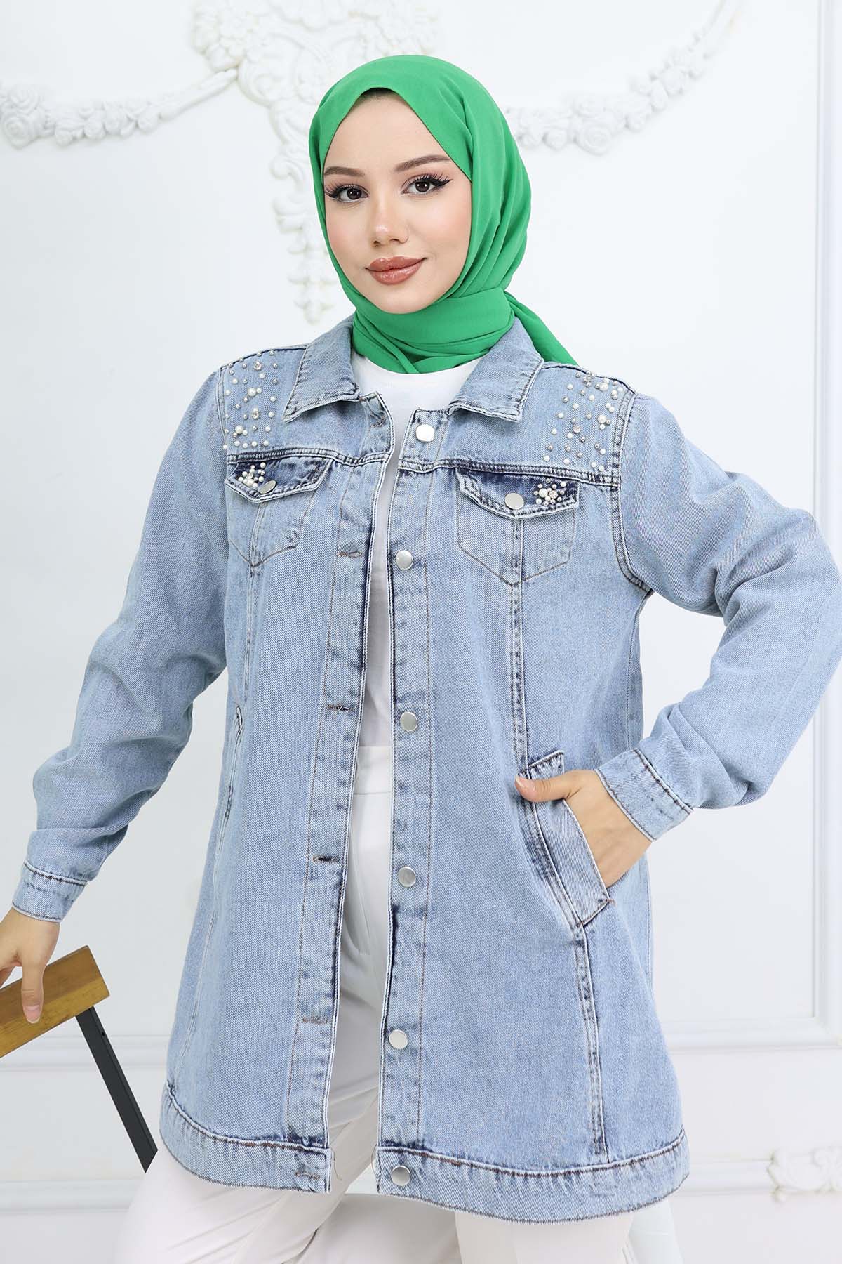 İnci Detaylı Kot Ceket Mavi 7807