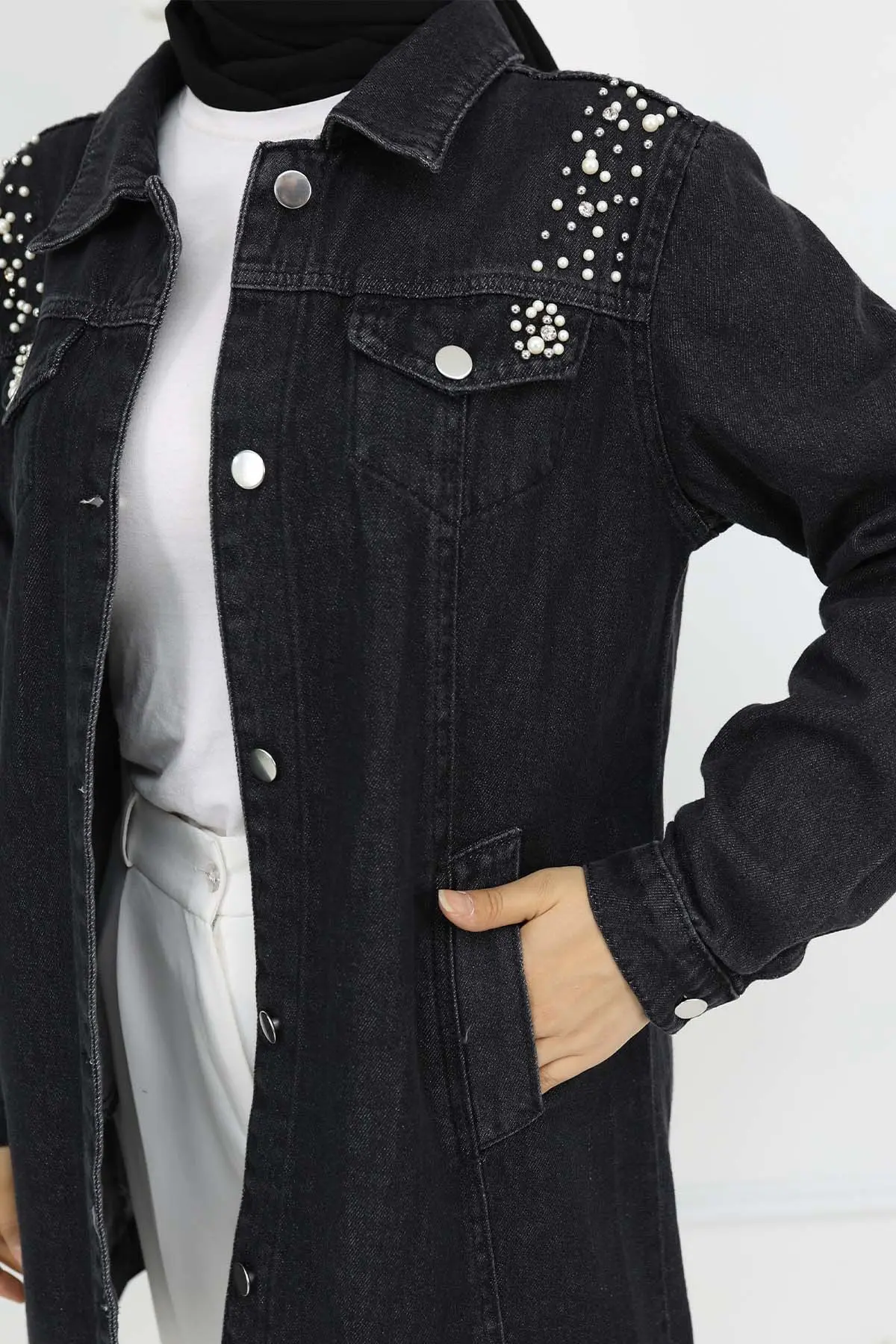 İnci Detaylı Kot Ceket Siyah 7807-detail