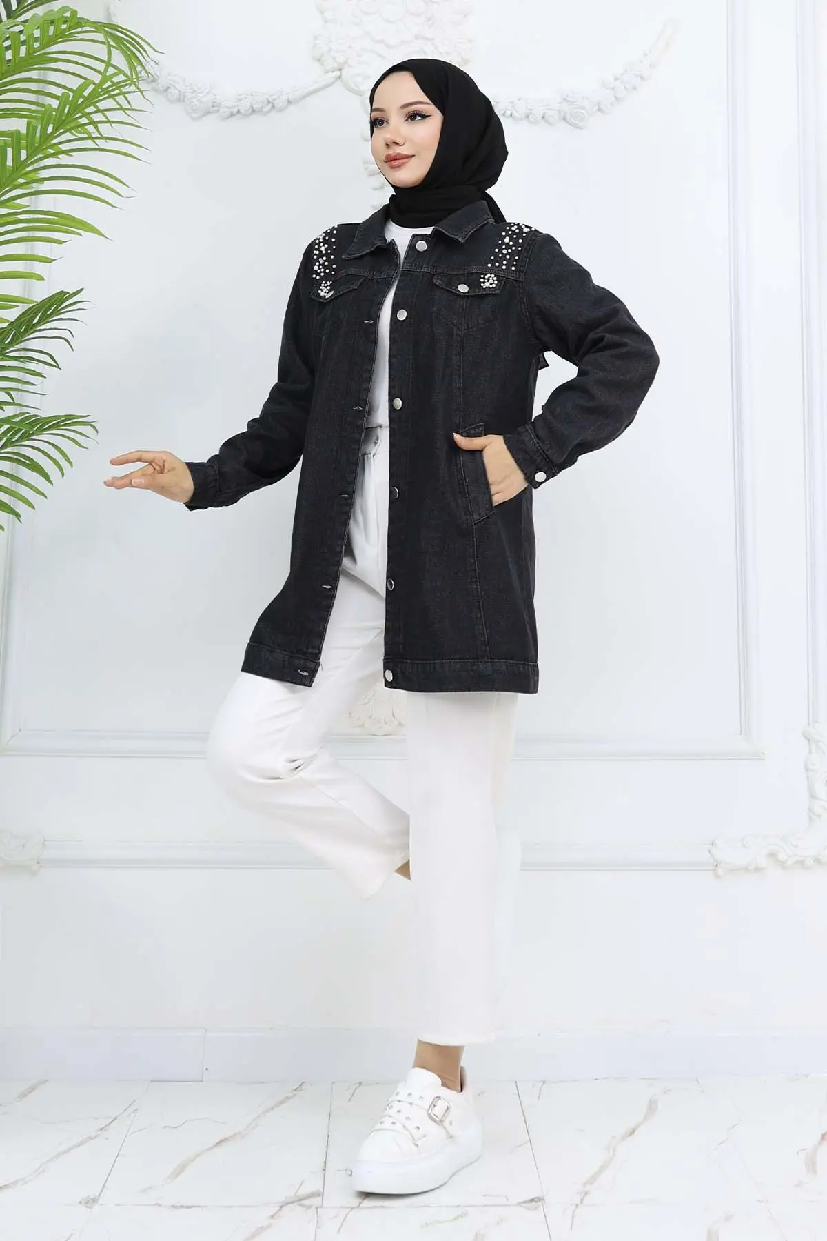 İnci Detaylı Kot Ceket Siyah 7807-detail