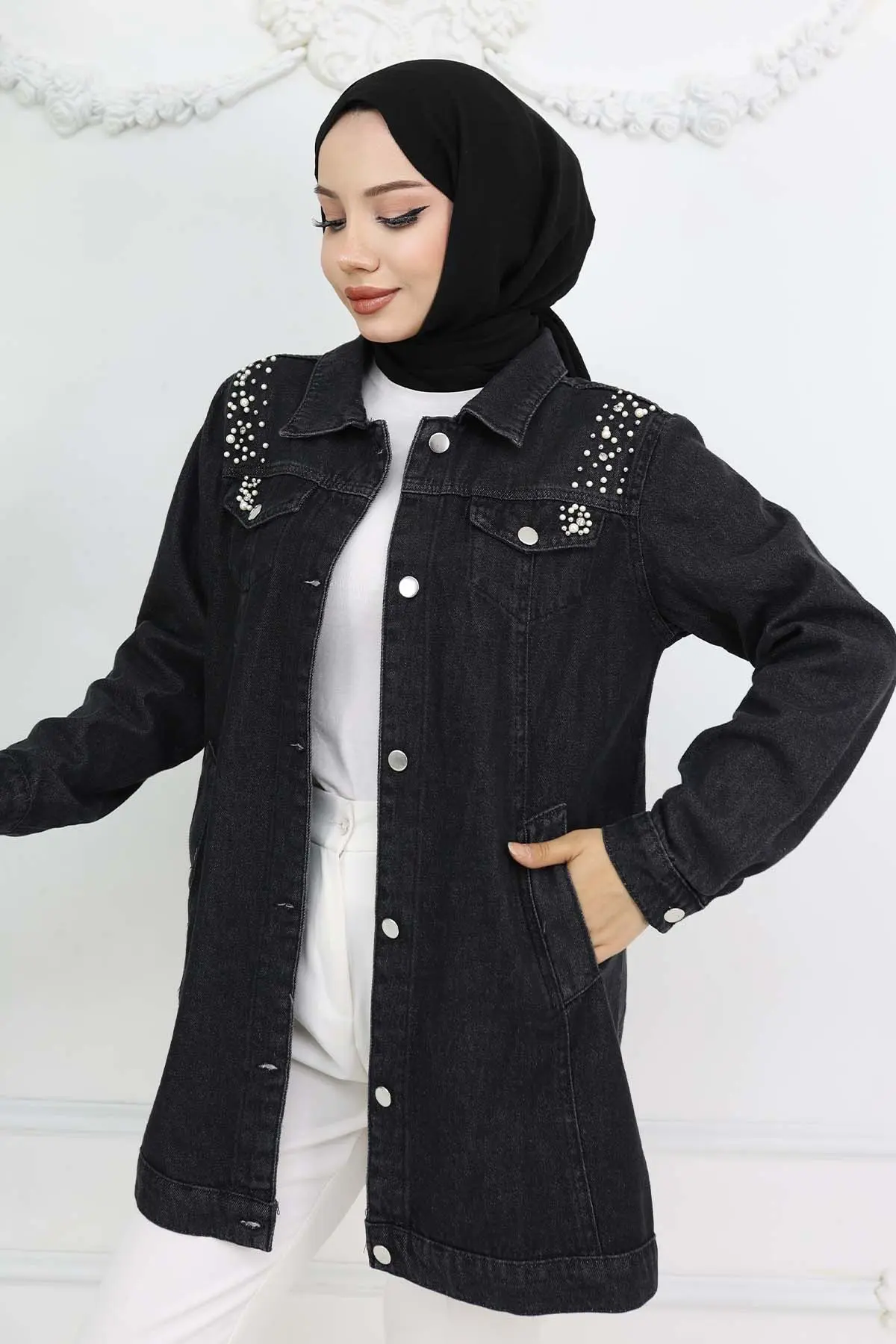 İnci Detaylı Kot Ceket Siyah 7807-detail