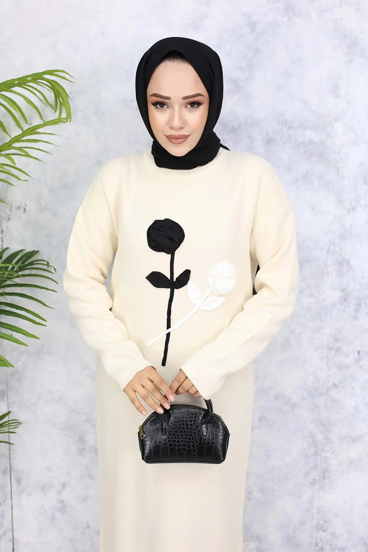 Kabartma Çiçekli Triko Elbise Taş Rengi 4121-detail