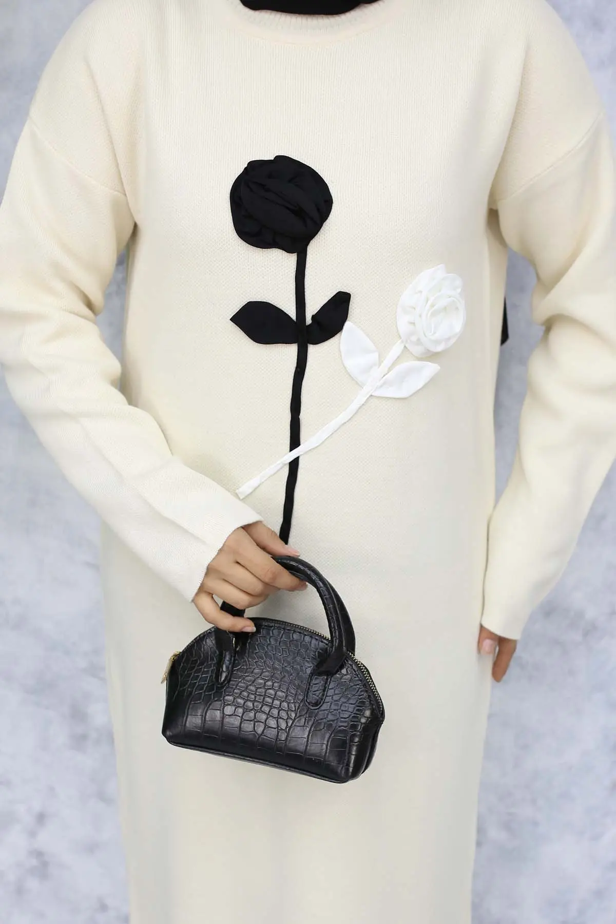 Kabartma Çiçekli Triko Elbise Taş Rengi 4121-detail