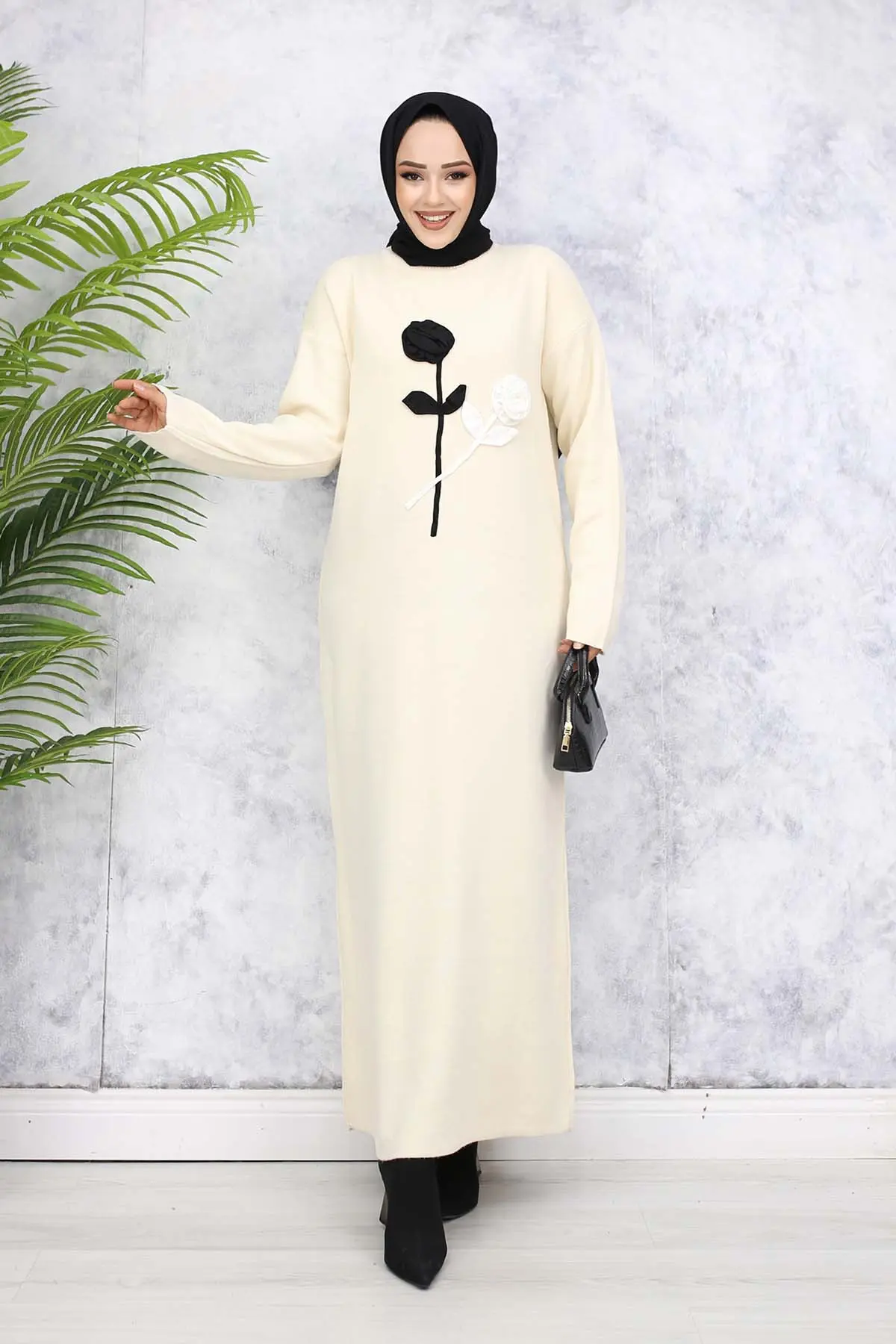 Kabartma Çiçekli Triko Elbise Taş Rengi 4121-detail