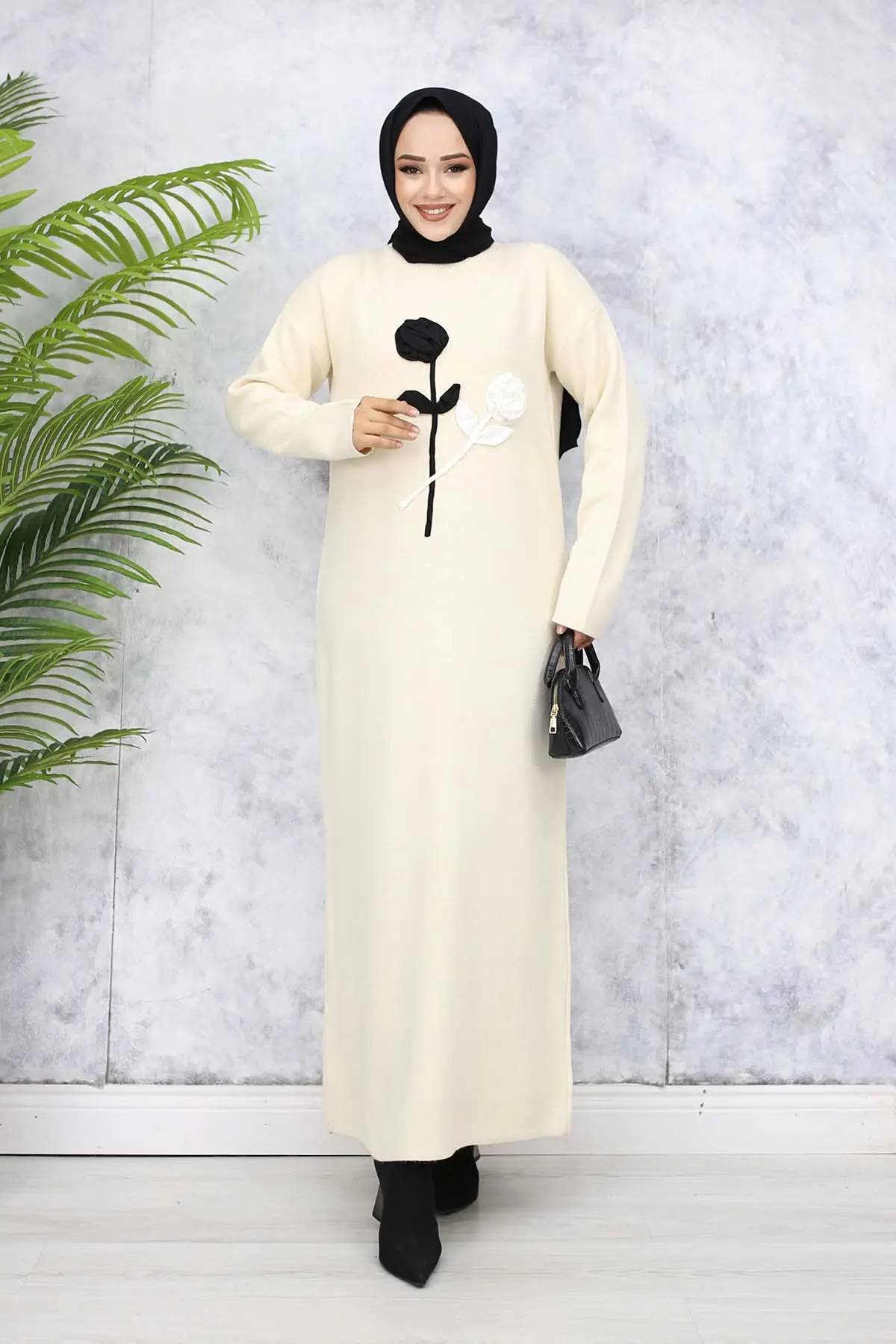 Kabartma Çiçekli Triko Elbise Taş Rengi 4121-detail