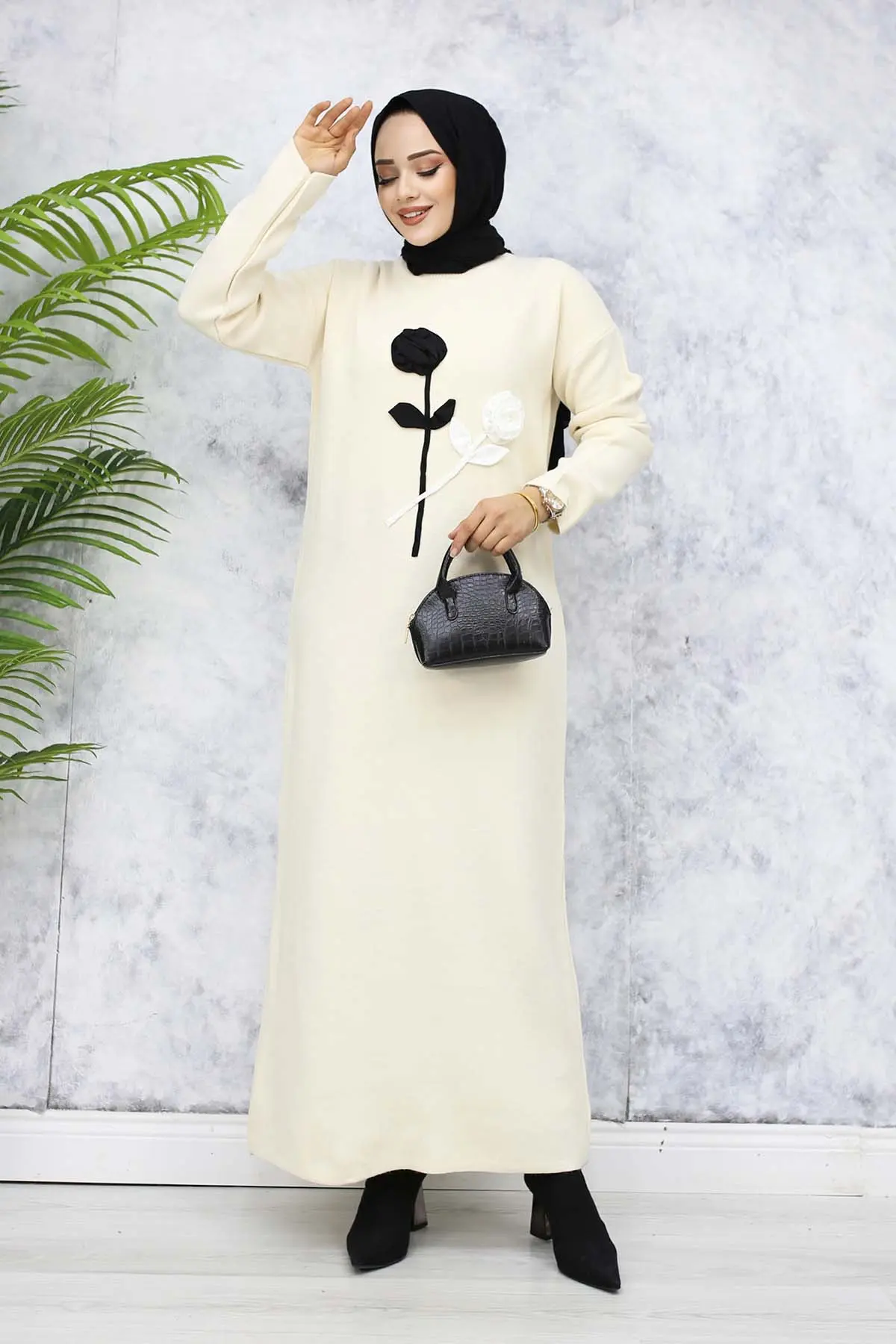 Kabartma Çiçekli Triko Elbise Taş Rengi 4121-detail