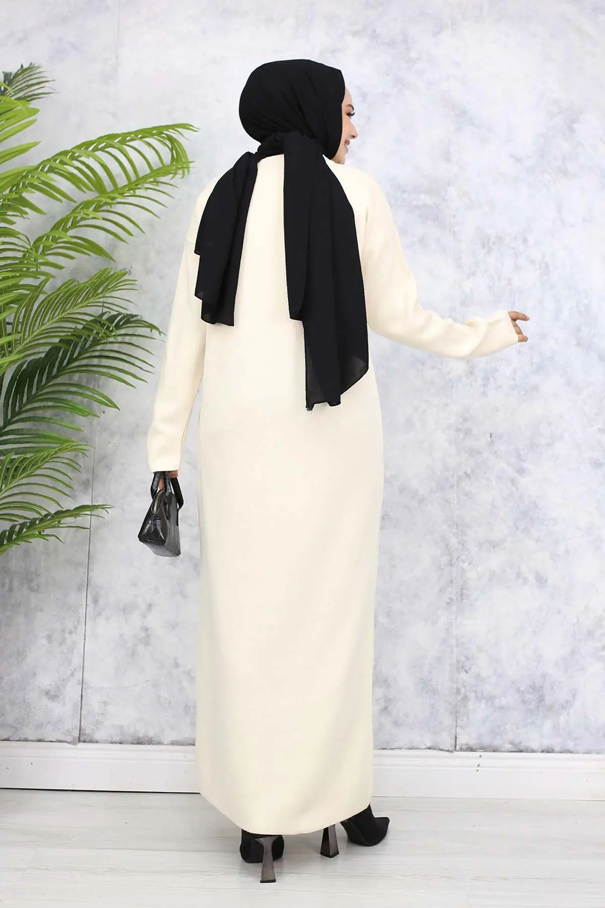 Kabartma Çiçekli Triko Elbise Taş Rengi 4121-detail