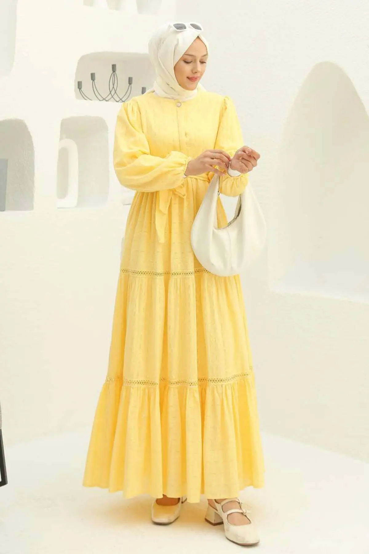 Kabartma Desenli Tesettür Elbise Sarı 1002-1-detail