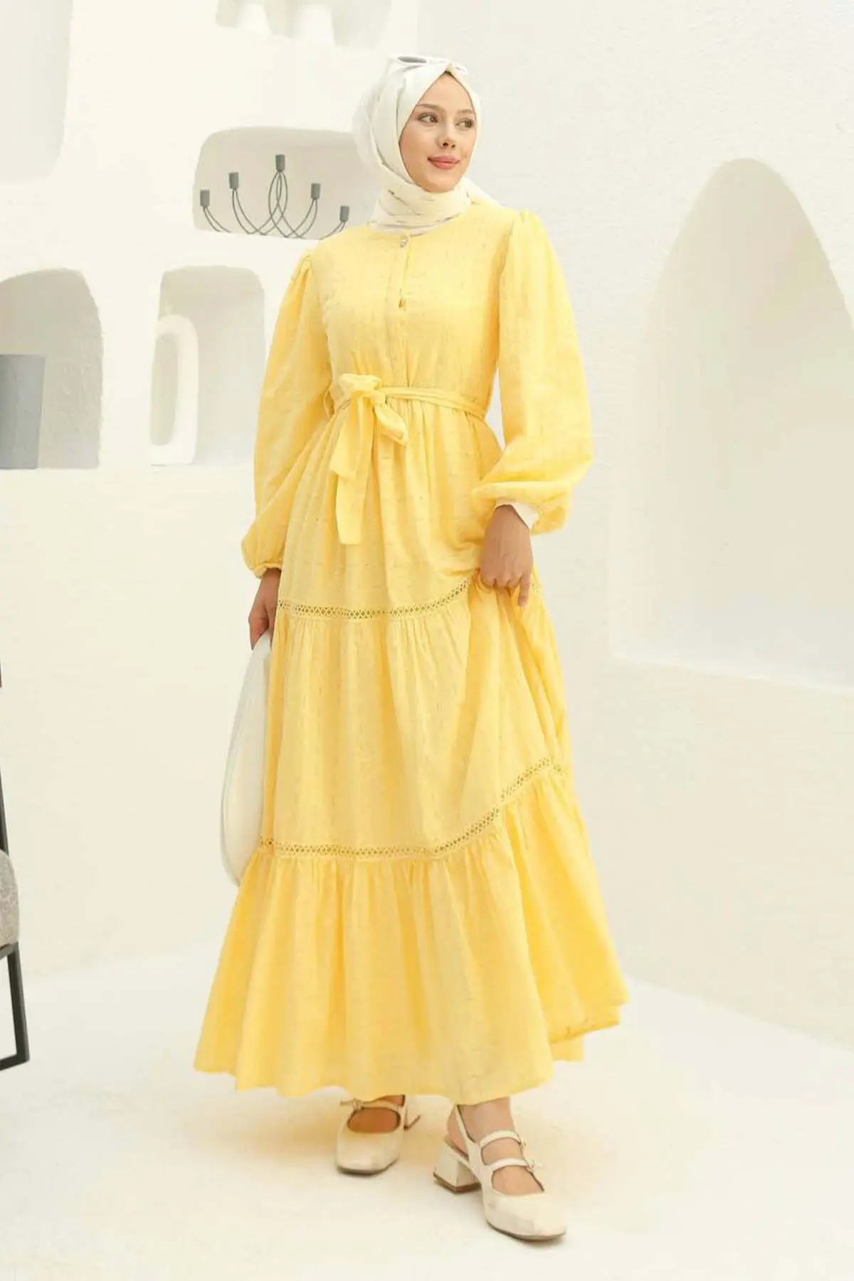 Kabartma Desenli Tesettür Elbise Sarı 1002-1-detail