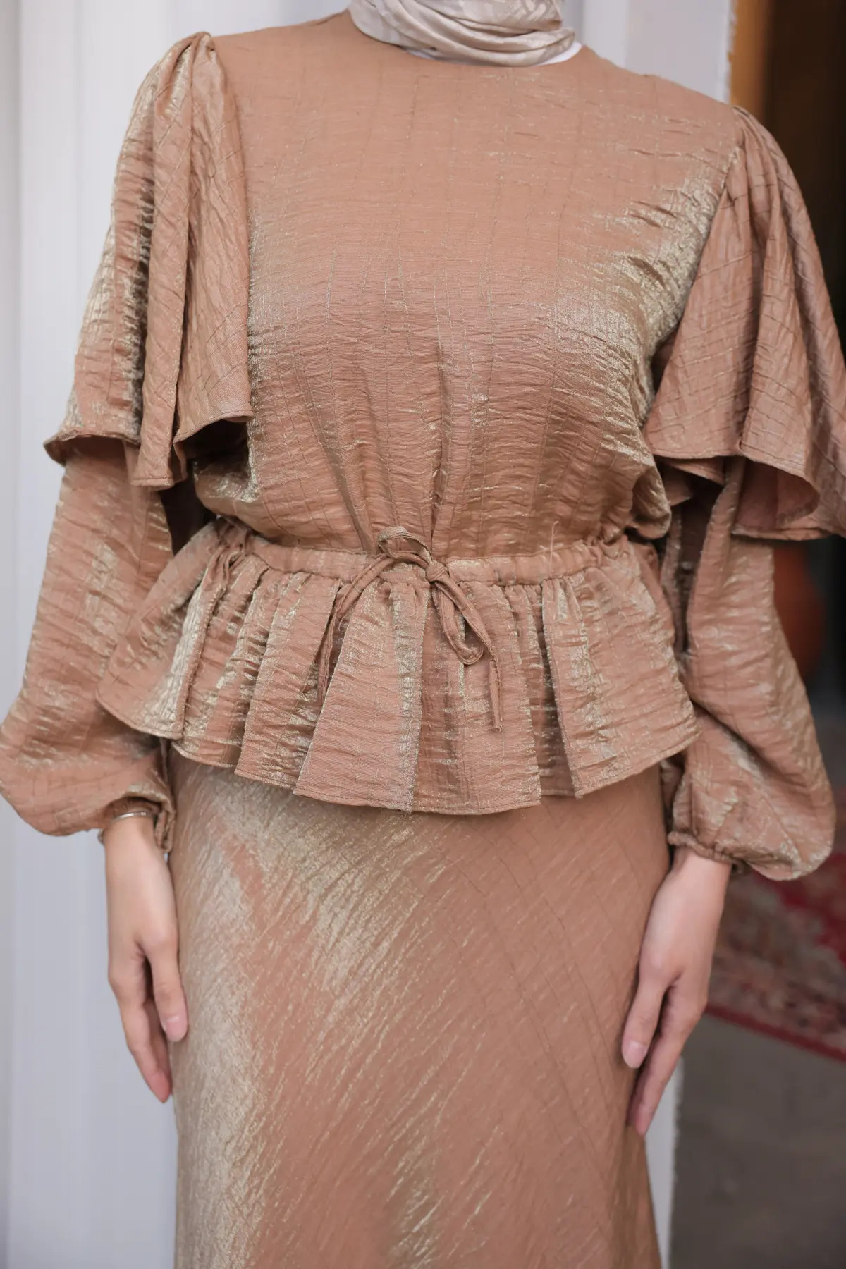 Kadın Beli Büzgülü Etekli Takım 2096 Camel-detail