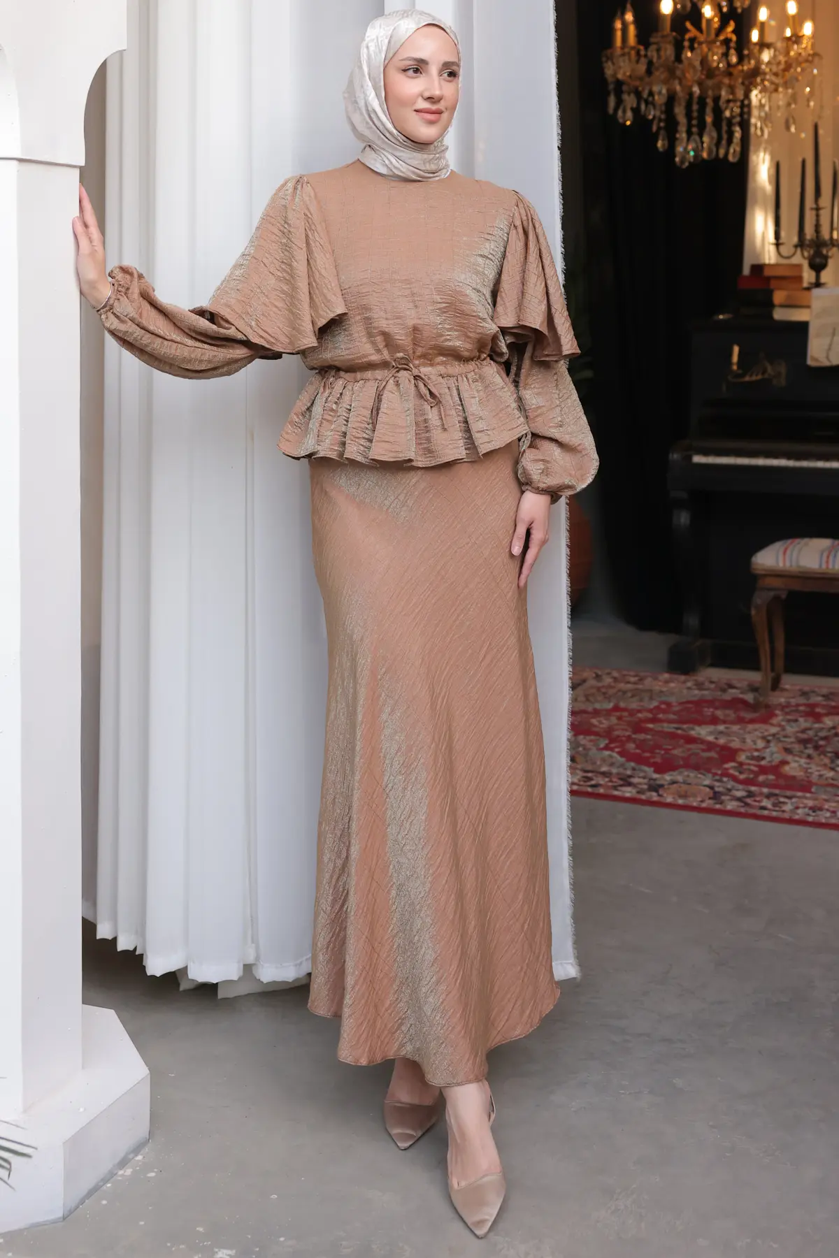 Kadın Beli Büzgülü Etekli Takım 2096 Camel-detail