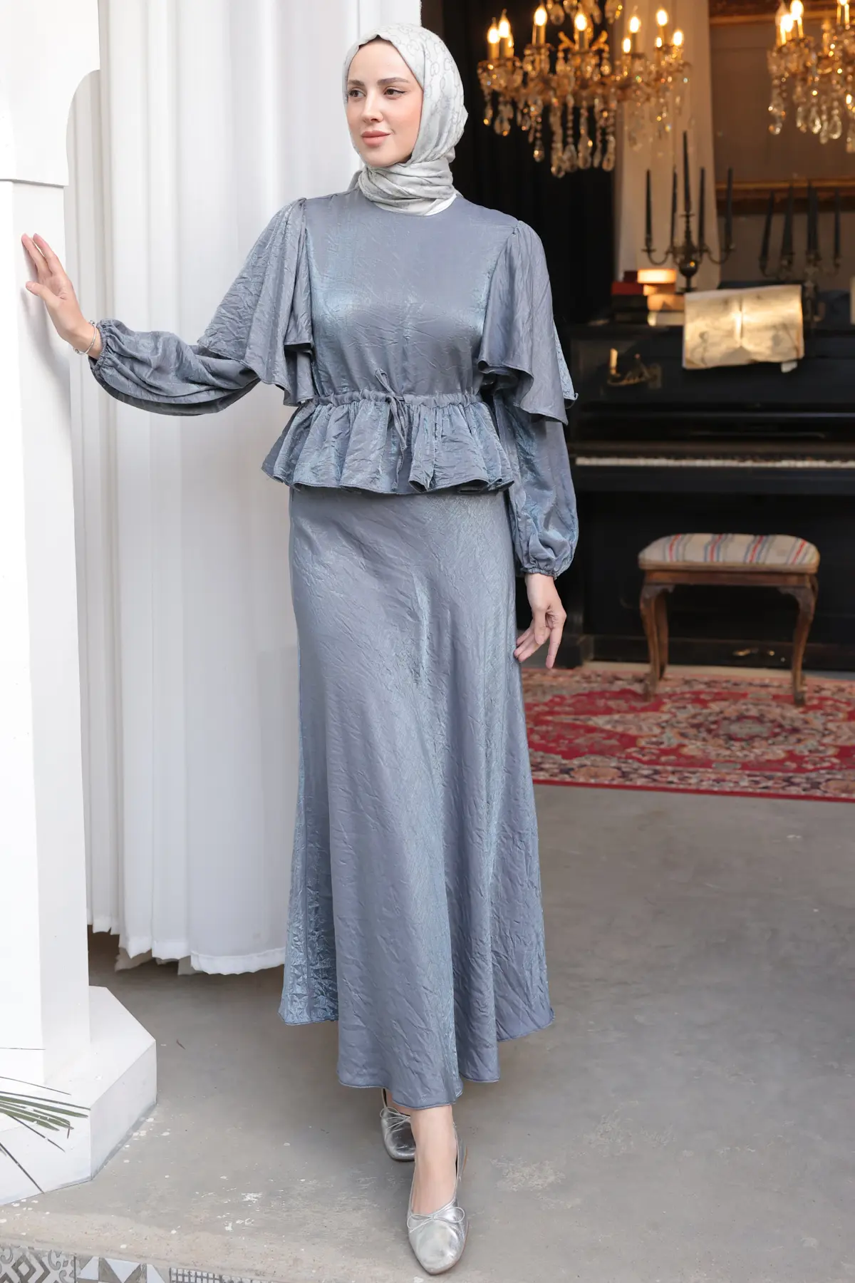 Kadın Beli Büzgülü Etekli Takım 2096 Gri-detail