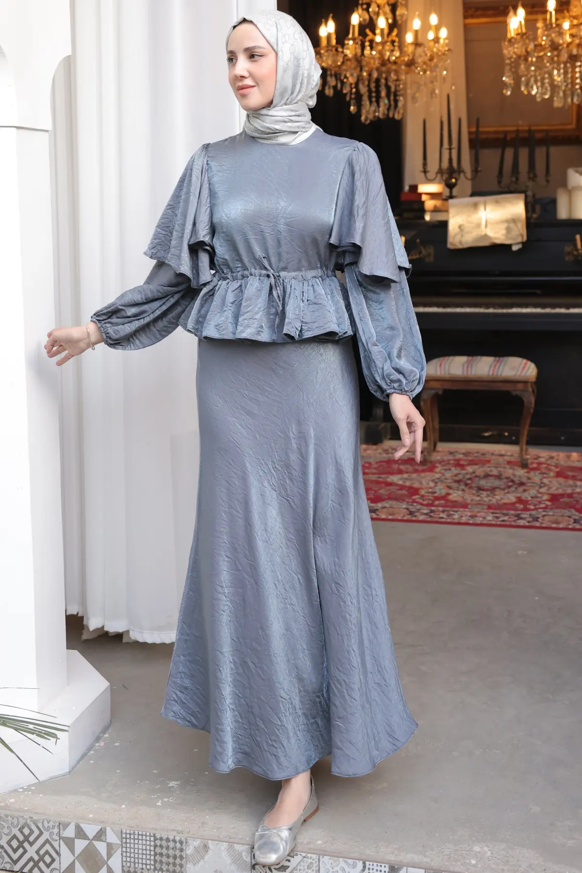 Kadın Beli Büzgülü Etekli Takım 2096 Gri-detail