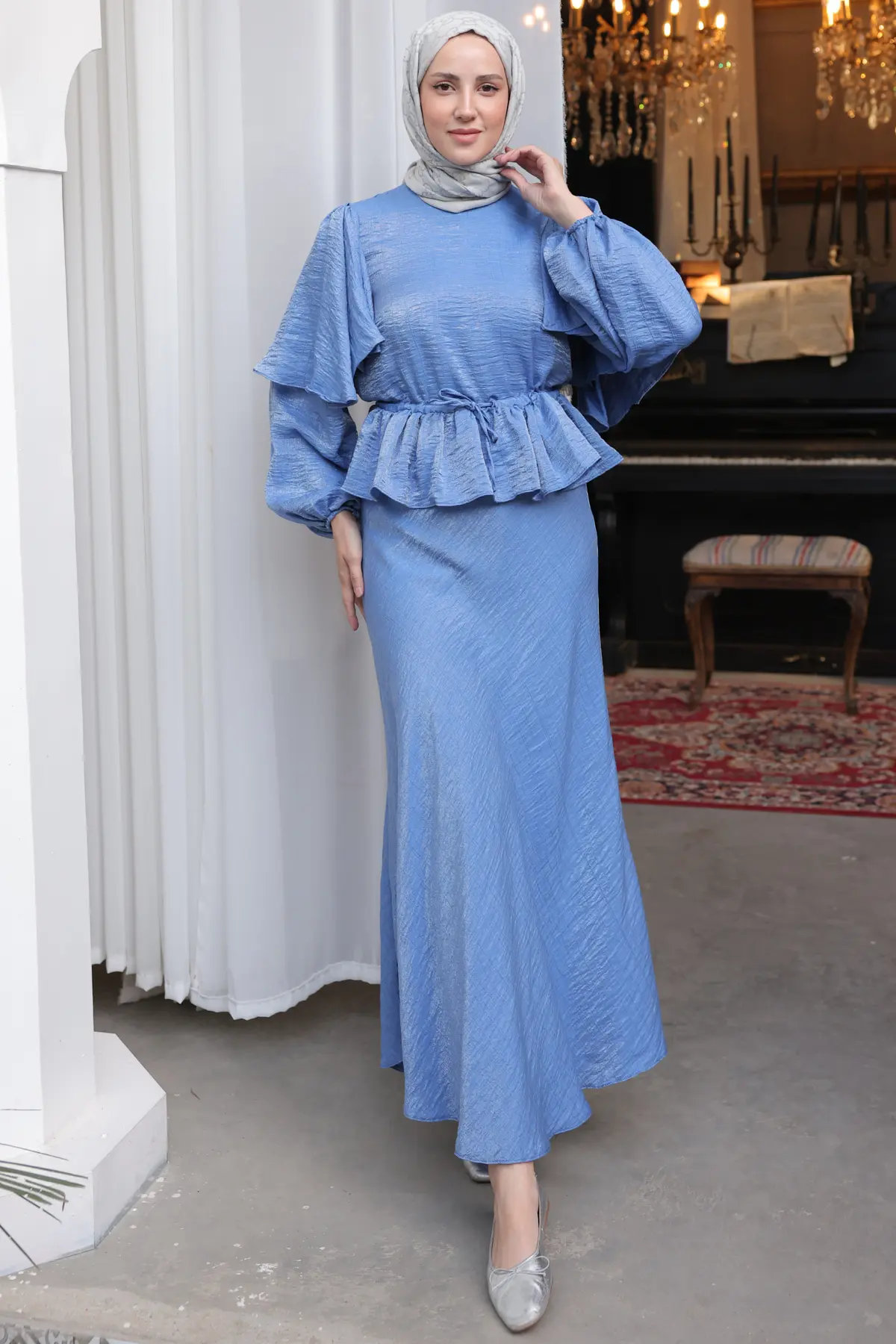 Kadın Beli Büzgülü Etekli Takım 2096 İndigo-detail