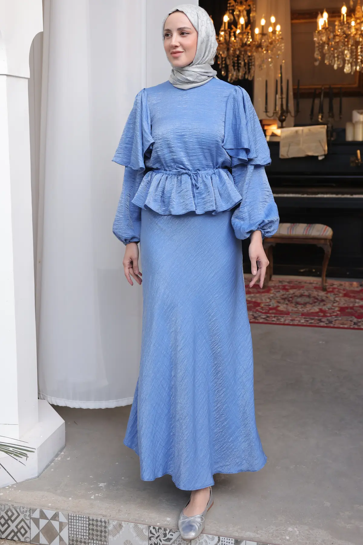 Kadın Beli Büzgülü Etekli Takım 2096 İndigo-detail