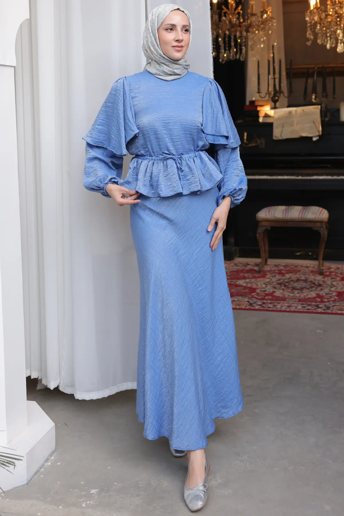 Kadın Beli Büzgülü Etekli Takım 2096 İndigo-detail