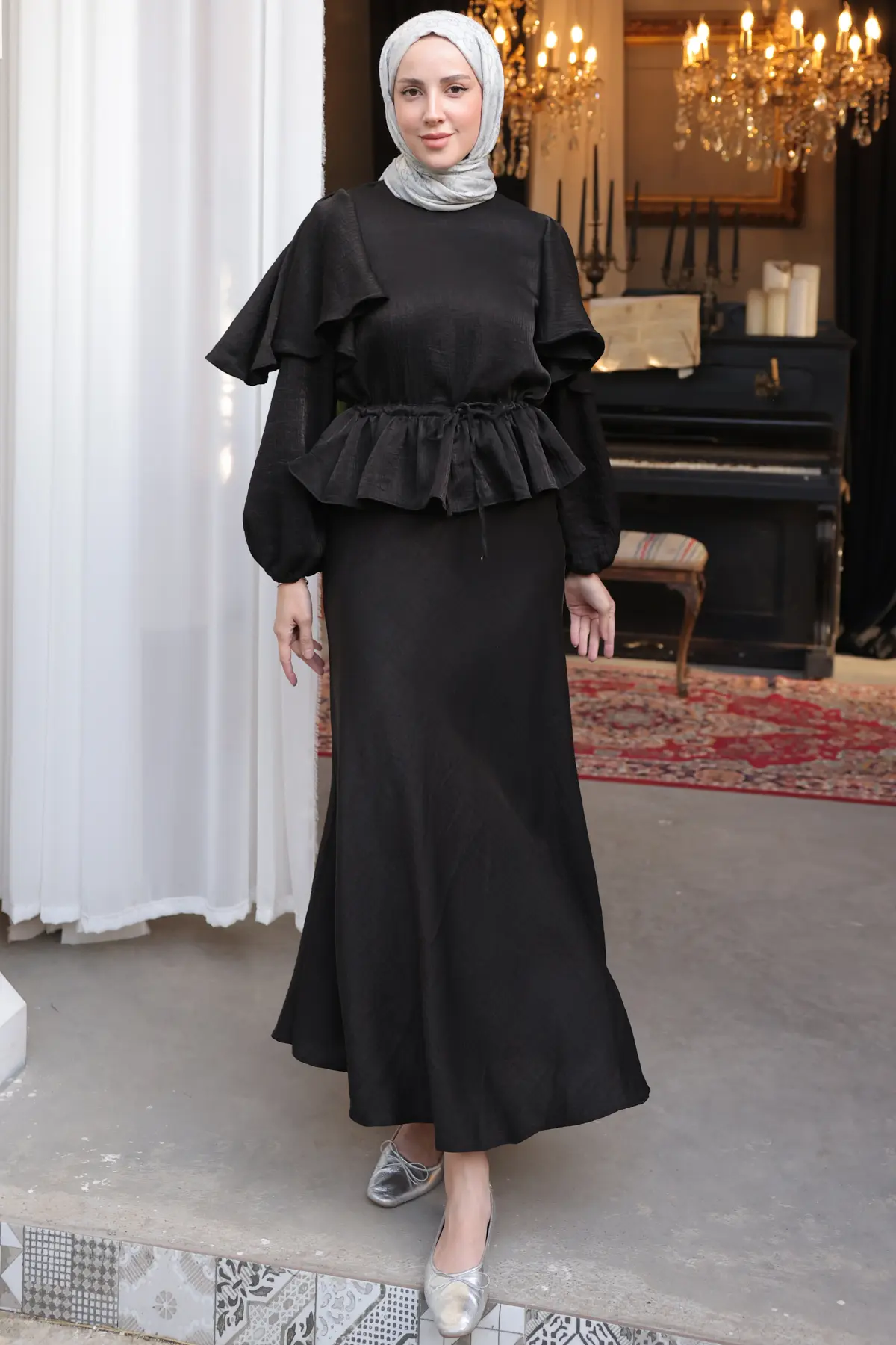 Kadın Beli Büzgülü Etekli Takım 2096 Siyah-detail