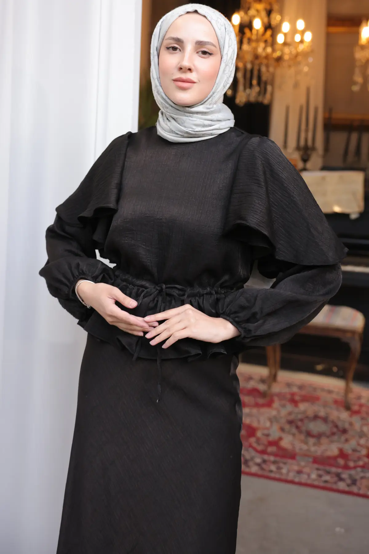 Kadın Beli Büzgülü Etekli Takım 2096 Siyah-detail