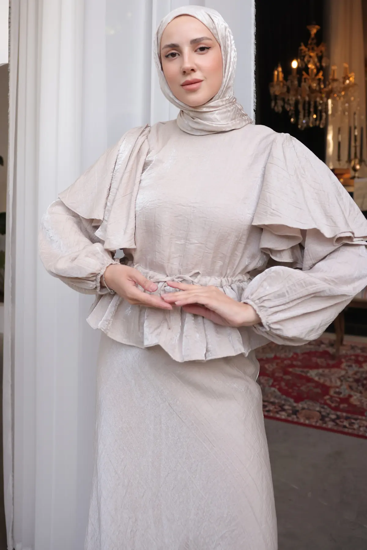 Kadın Beli Büzgülü Etekli Takım 2096 Taş Rengi-detail