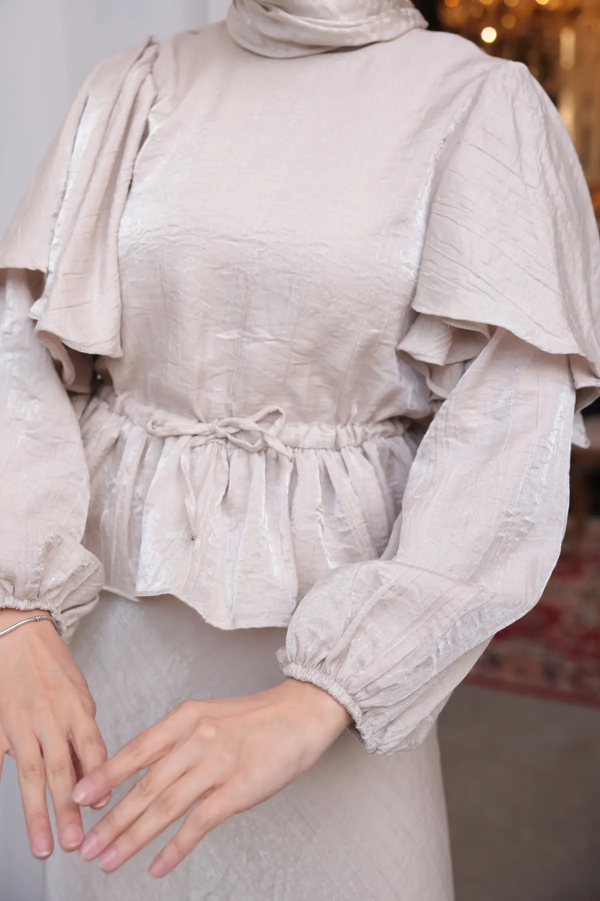 Kadın Beli Büzgülü Etekli Takım 2096 Taş Rengi-detail