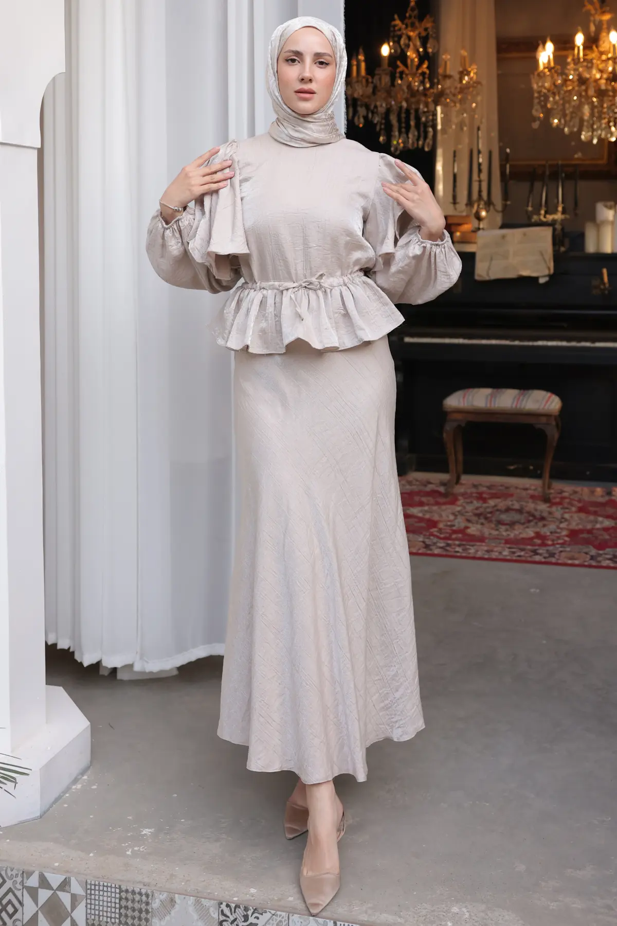 Kadın Beli Büzgülü Etekli Takım 2096 Taş Rengi-detail