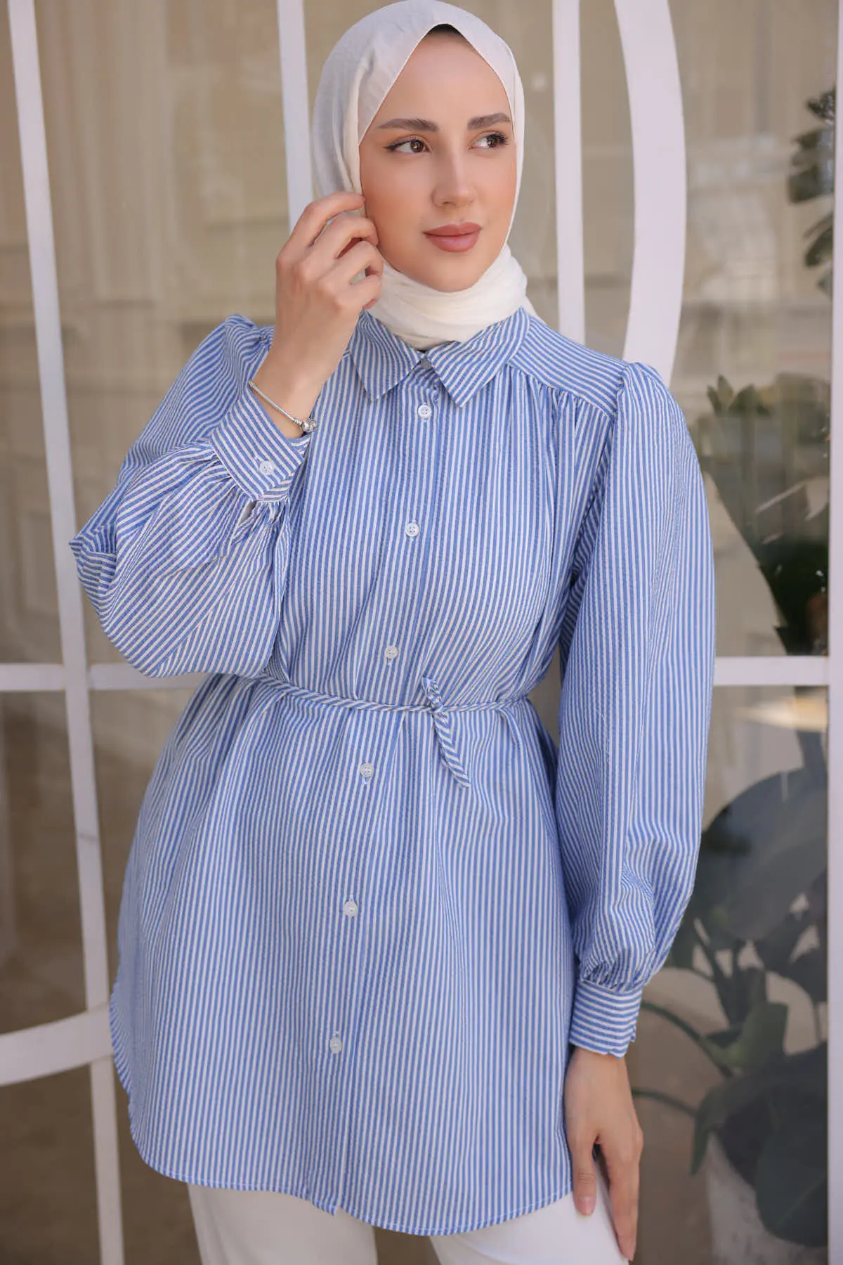 Kadın Beli İp Detaylı Çizgili Gömlek 2093-1 Mavi-detail