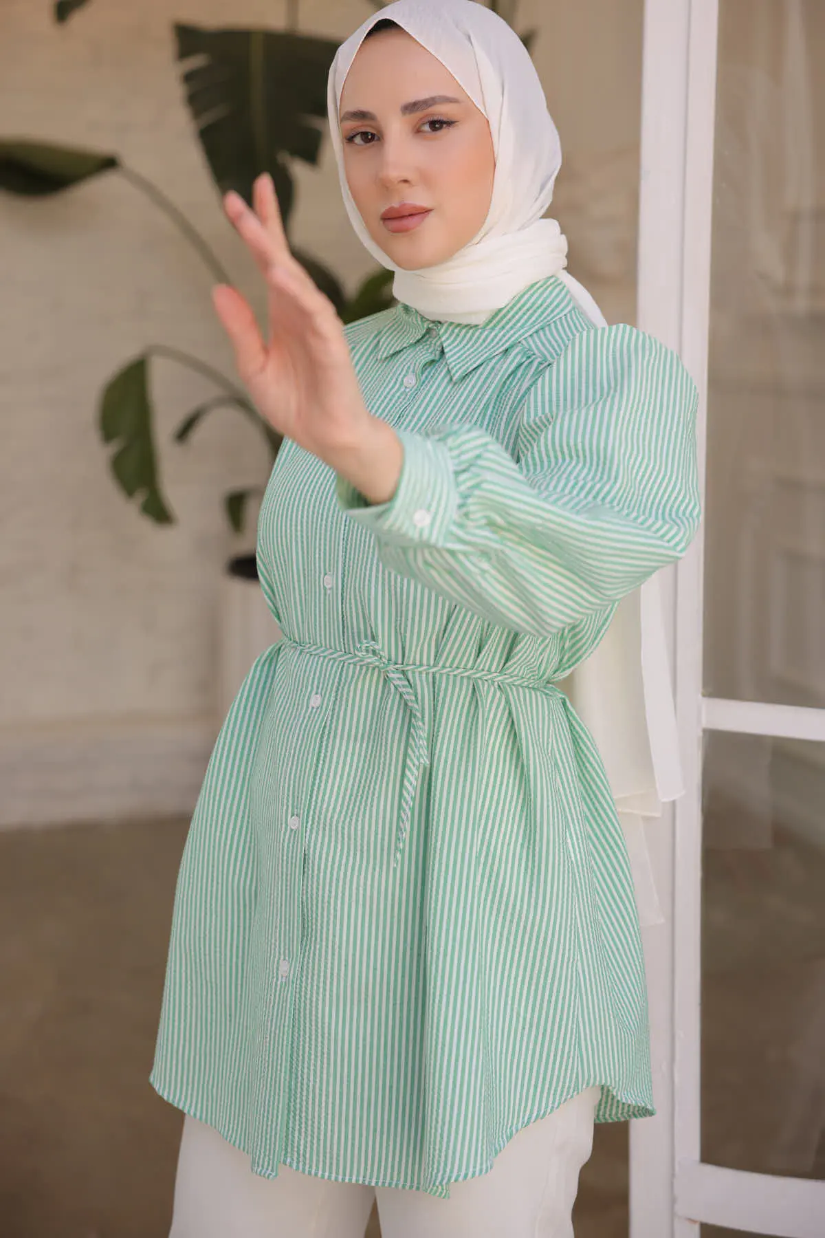 Kadın Beli İp Detaylı Çizgili Gömlek 2093-1 Yeşil-detail