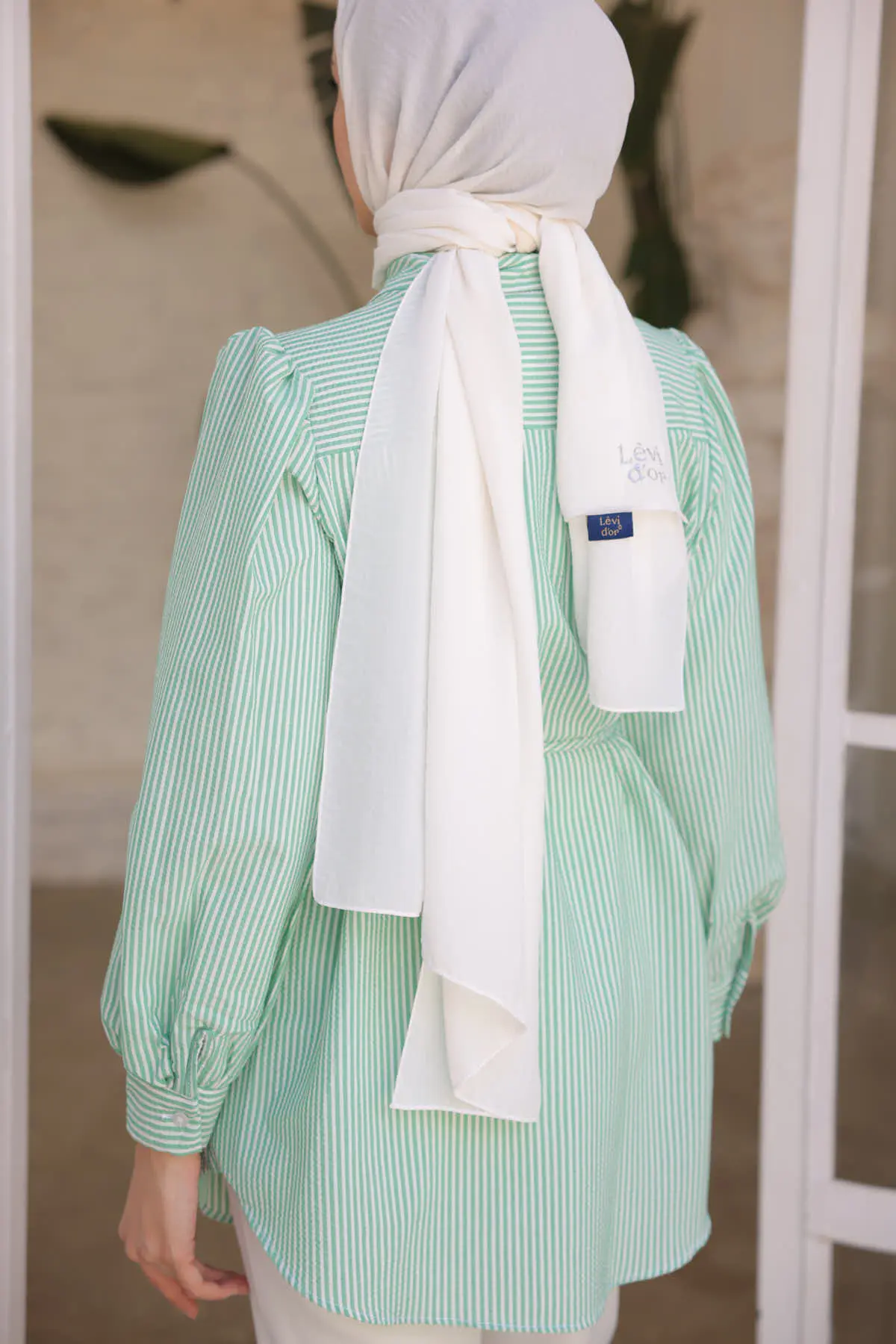 Kadın Beli İp Detaylı Çizgili Gömlek 2093-1 Yeşil-detail