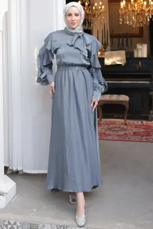 Beli Kuşaklı Fırfır Detaylı Elbise Gri 2092