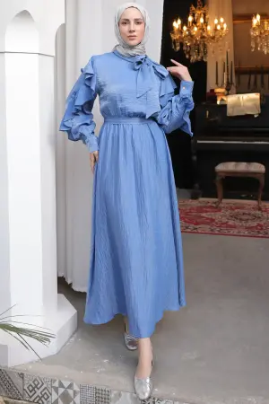 Beli Kuşaklı Fırfır Detaylı Elbise Mavi 2092