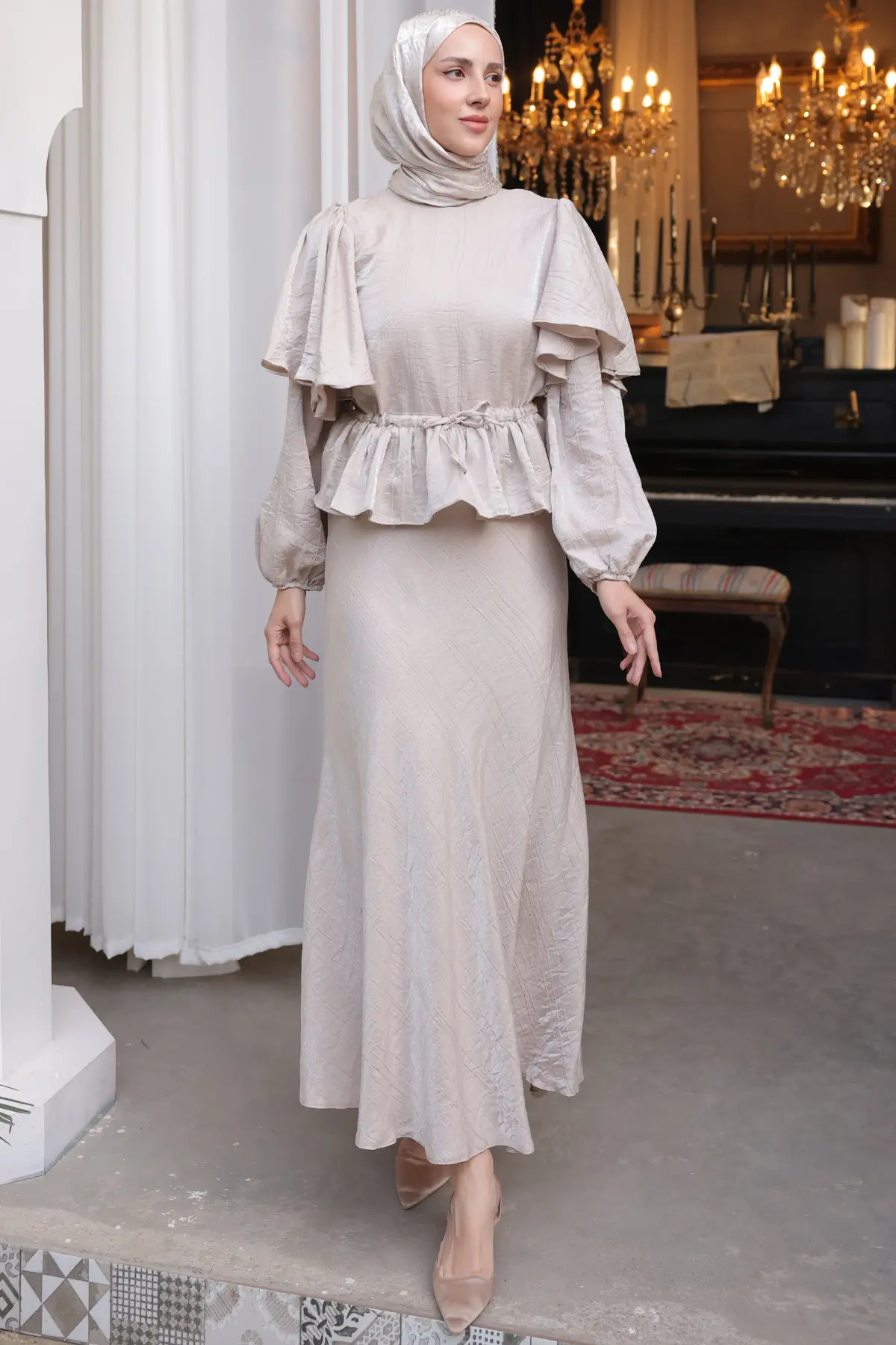 Kadın Beli Kuşaklı Fırfır Detaylı Elbise 2092 Taş Rengi-detail