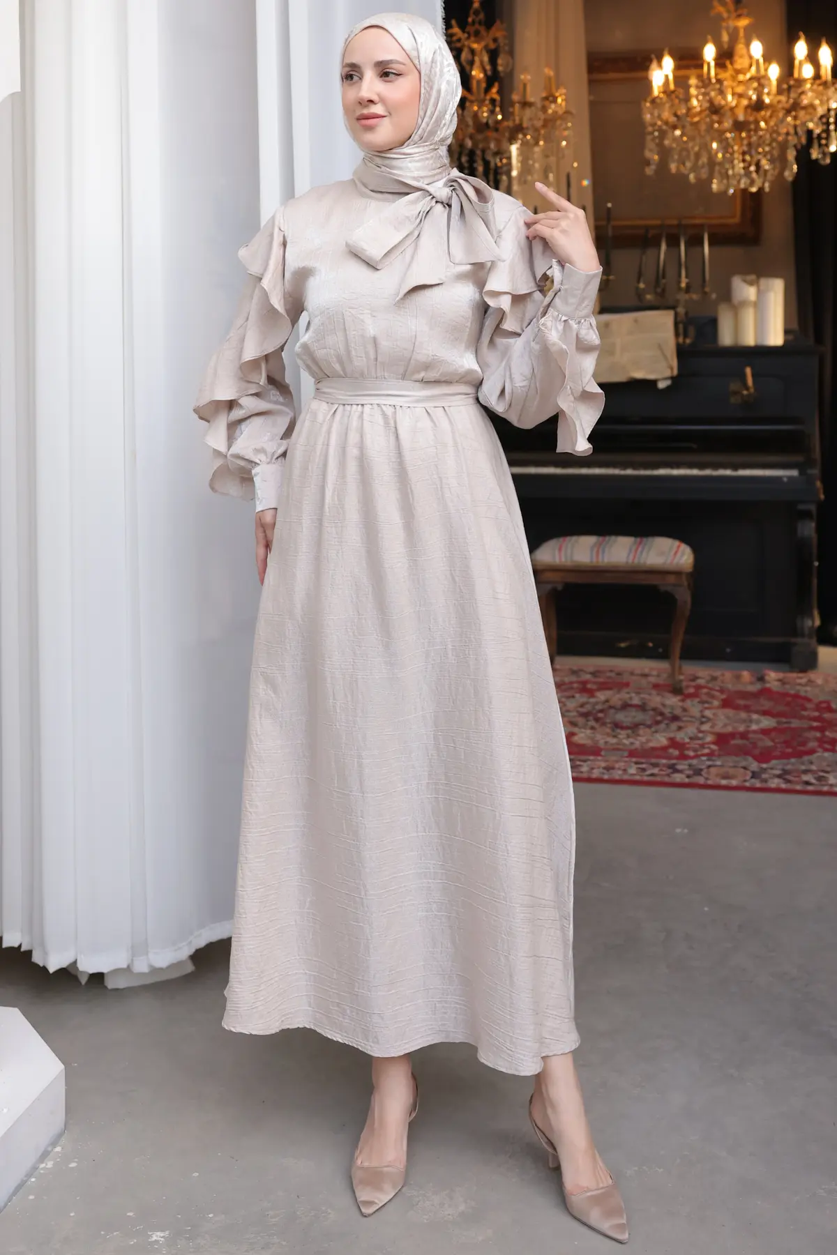 Kadın Beli Kuşaklı Fırfır Detaylı Elbise 2092 Taş Rengi-detail