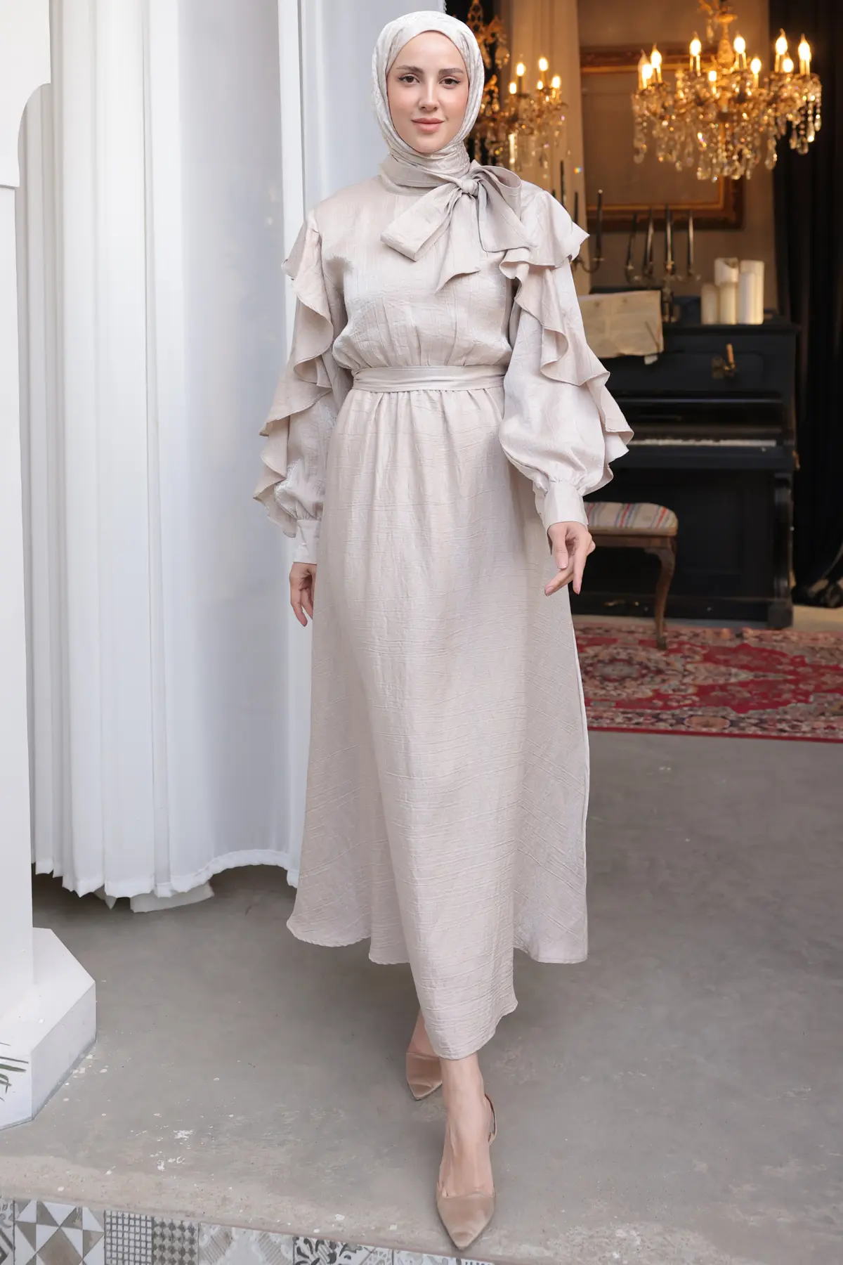 Kadın Beli Kuşaklı Fırfır Detaylı Elbise 2092 Taş Rengi-detail