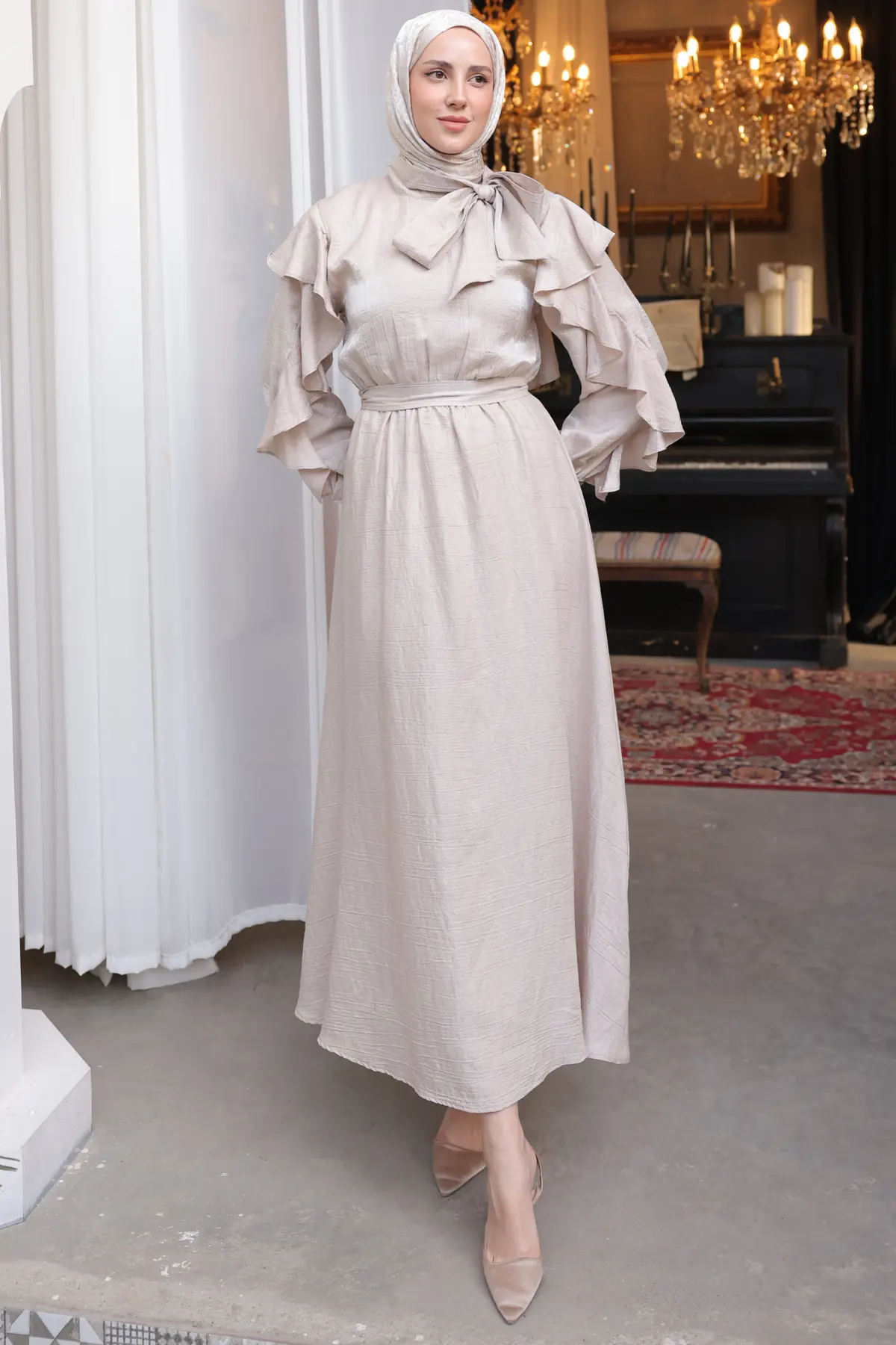 Kadın Beli Kuşaklı Fırfır Detaylı Elbise 2092 Taş Rengi-detail