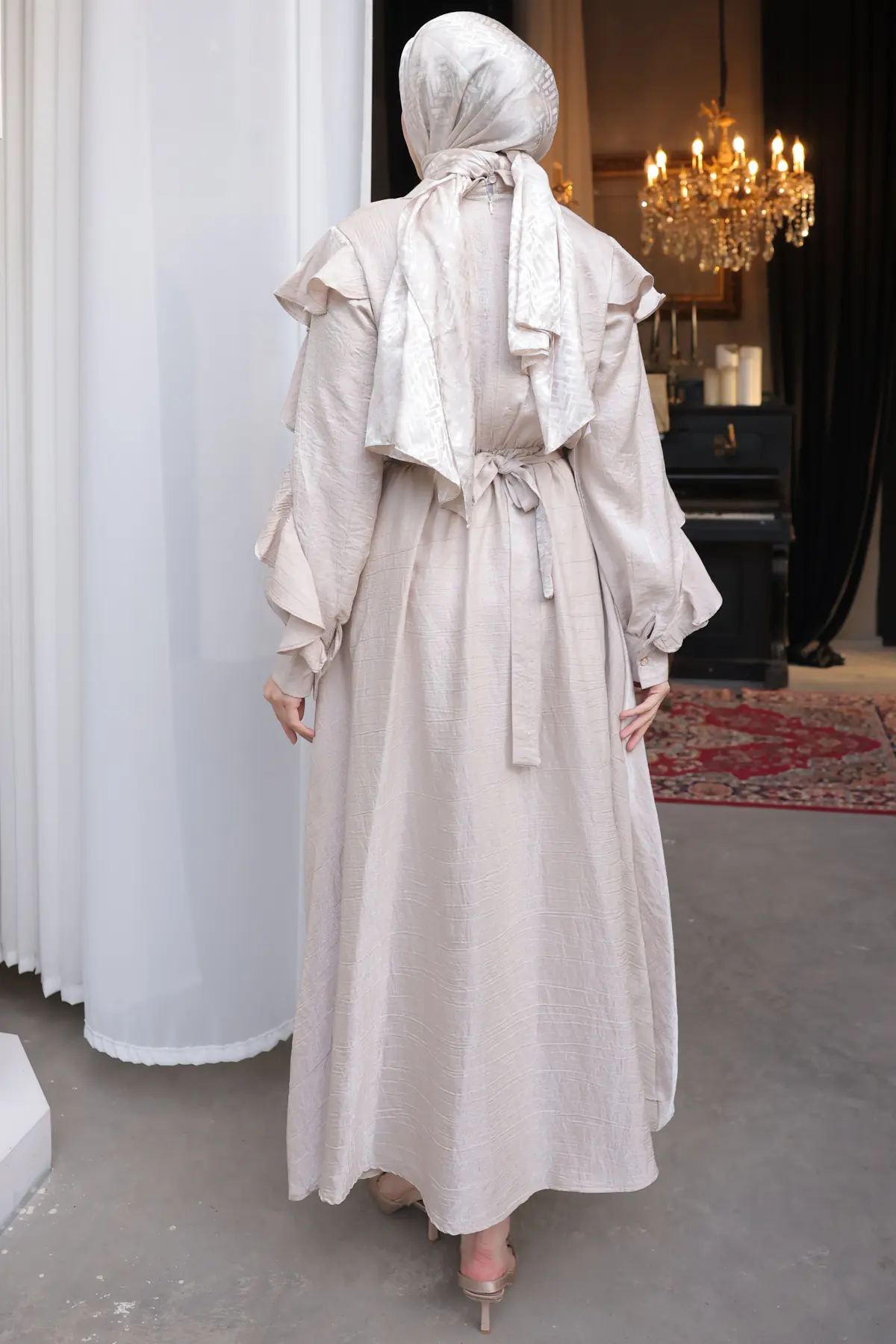 Kadın Beli Kuşaklı Fırfır Detaylı Elbise 2092 Taş Rengi-detail