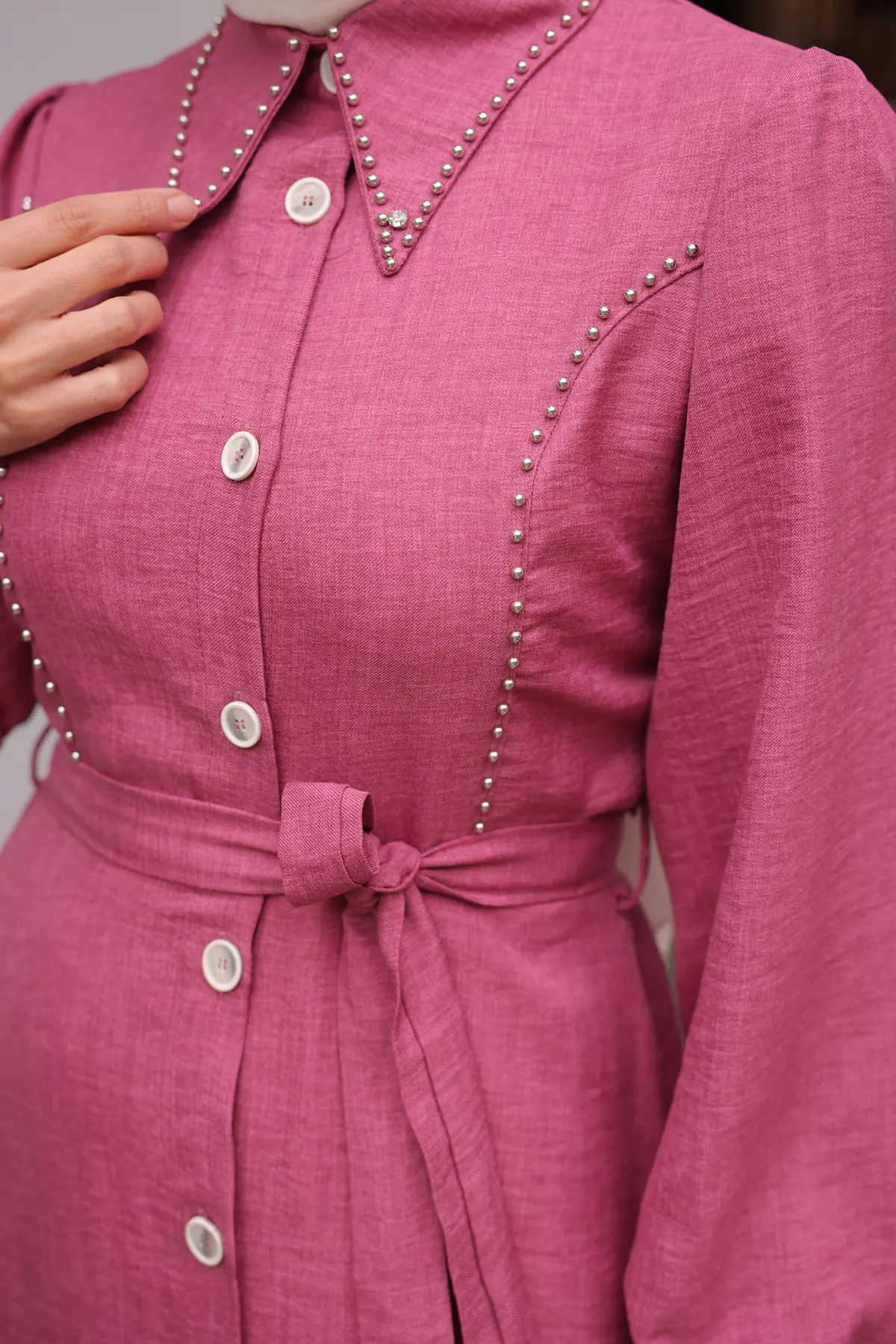 Kadın Boncuk Detaylı Elbise 6809 Gül Kurusu-detail