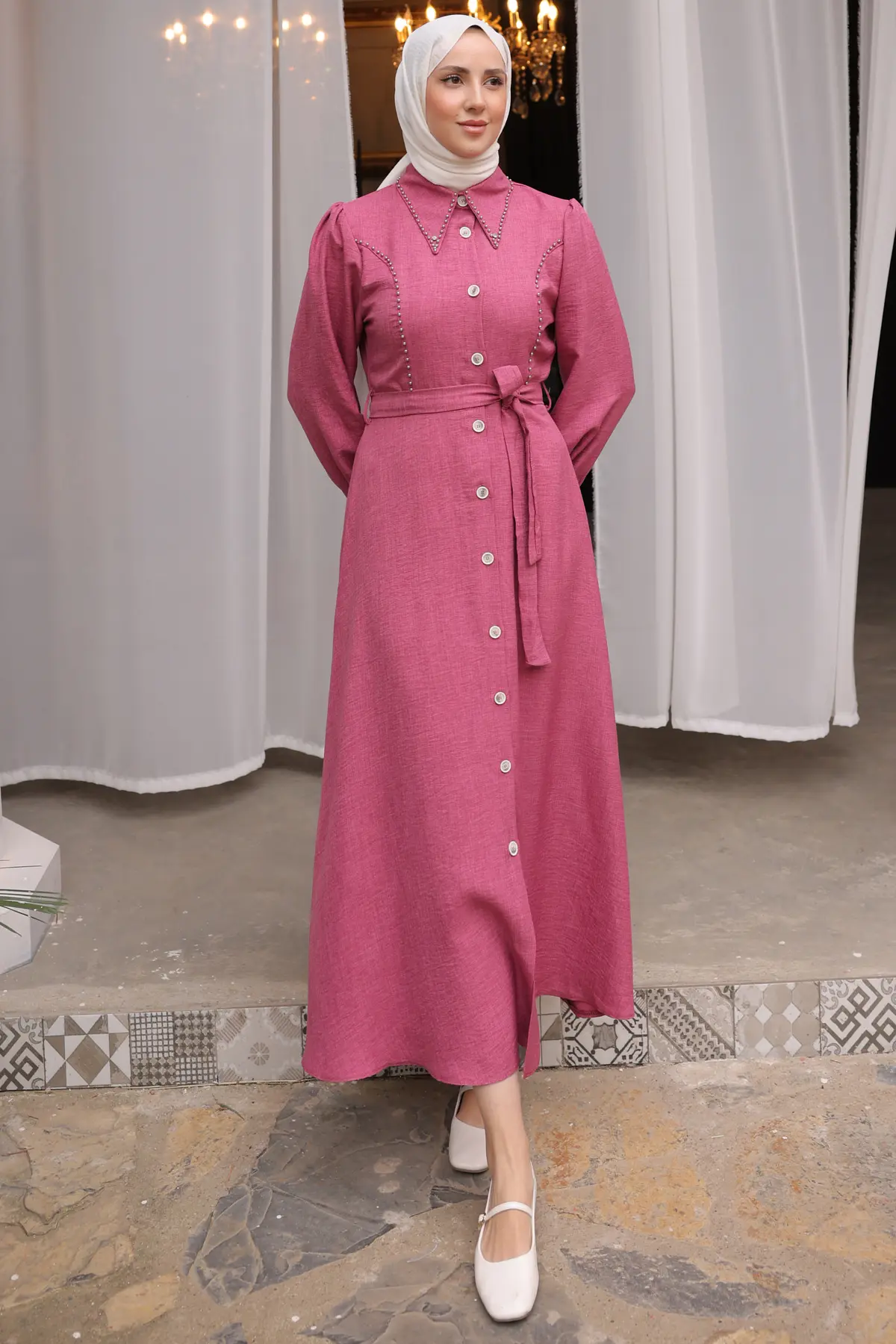 Kadın Boncuk Detaylı Elbise 6809 Gül Kurusu-detail