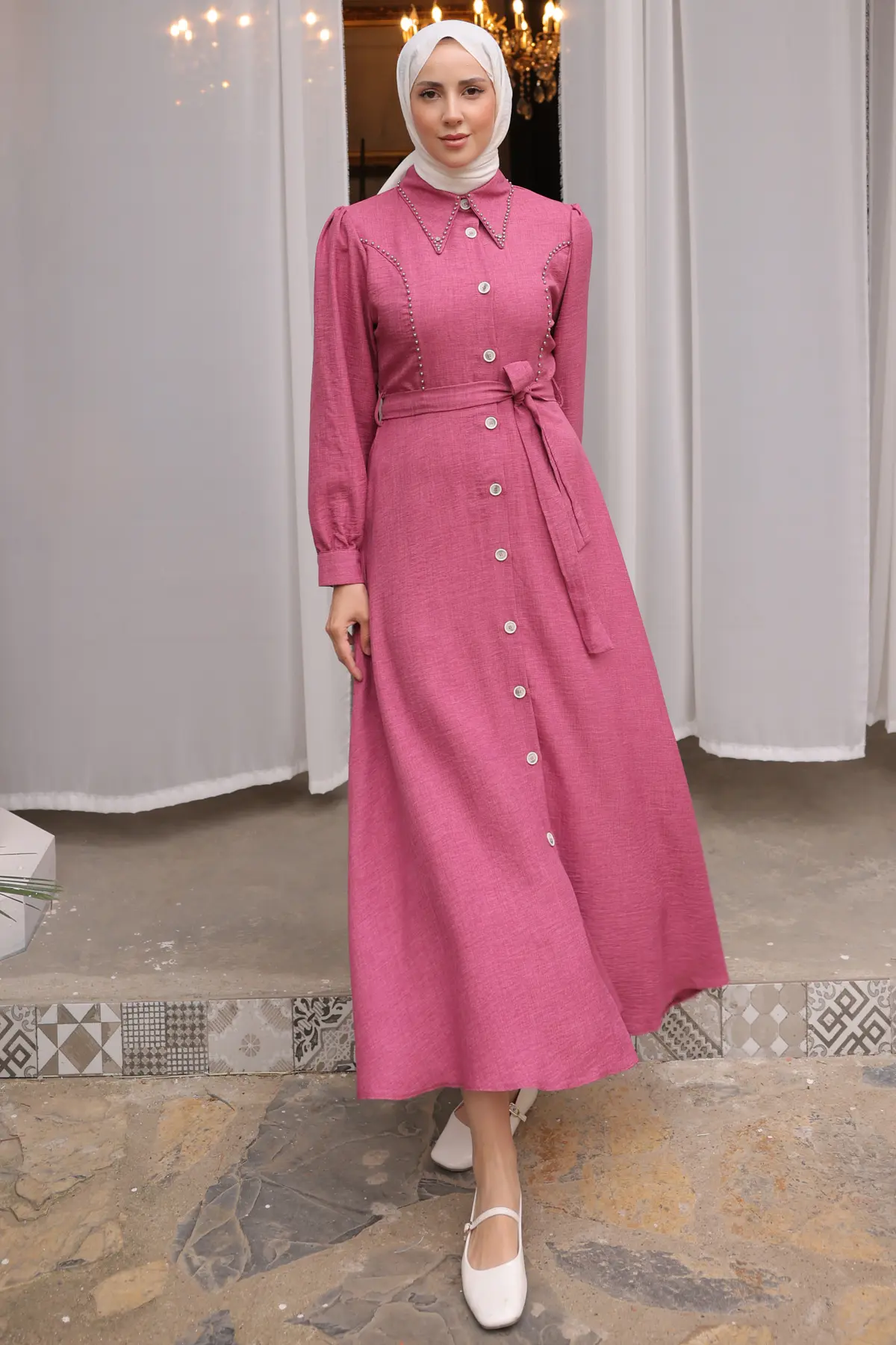 Kadın Boncuk Detaylı Elbise 6809 Gül Kurusu-detail