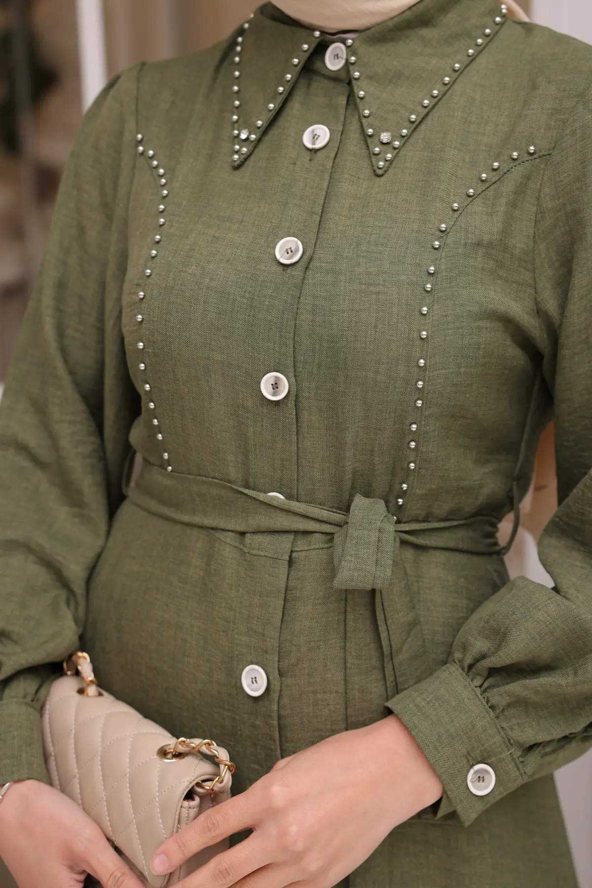 Kadın Boncuk Detaylı Elbise 6809 Haki-detail