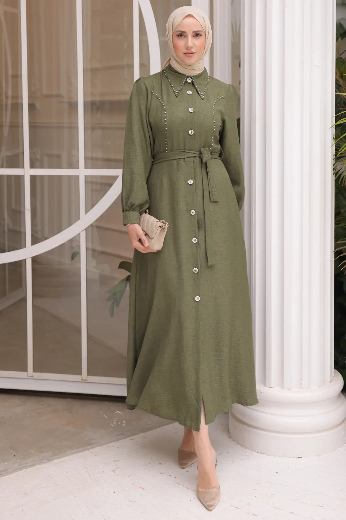 Kadın Boncuk Detaylı Elbise 6809 Haki-detail