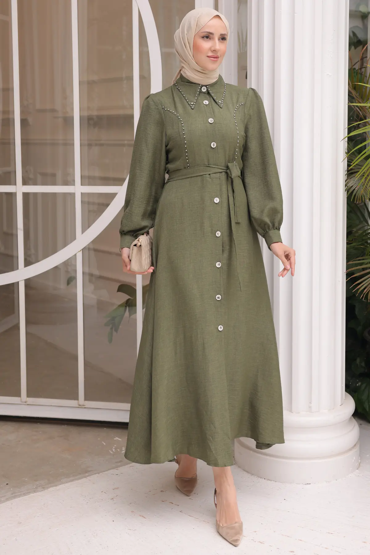 Kadın Boncuk Detaylı Elbise 6809 Haki-detail