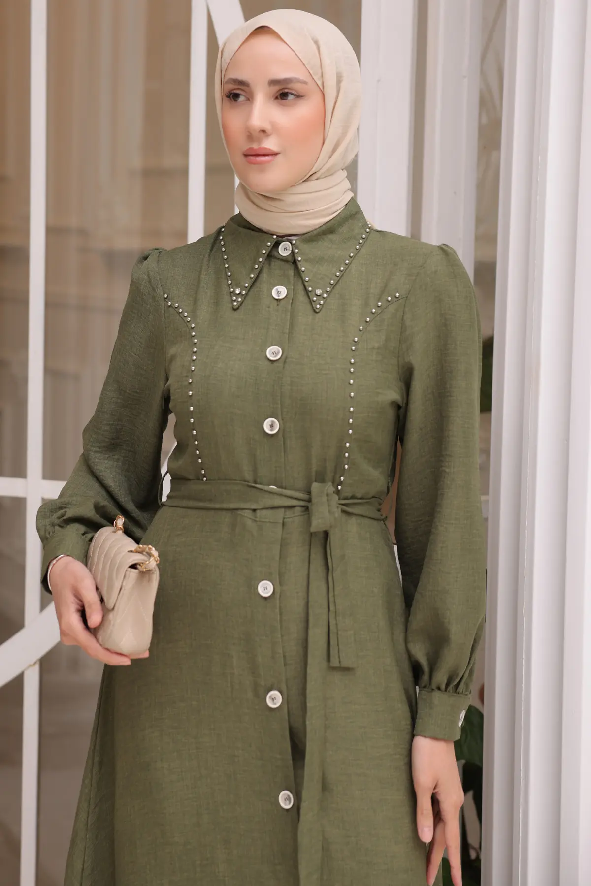 Kadın Boncuk Detaylı Elbise 6809 Haki-detail