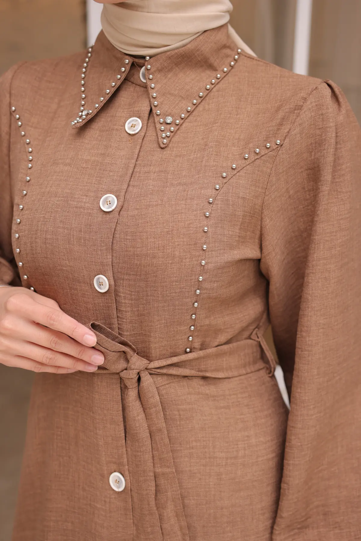 Kadın Boncuk Detaylı Elbise 6809 Kahverengi-detail