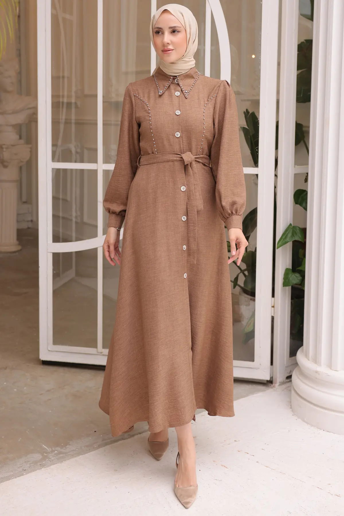 Kadın Boncuk Detaylı Elbise 6809 Kahverengi-detail