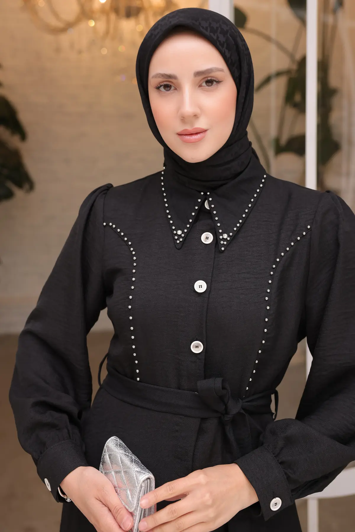 Kadın Boncuk Detaylı Elbise 6809 Siyah-detail