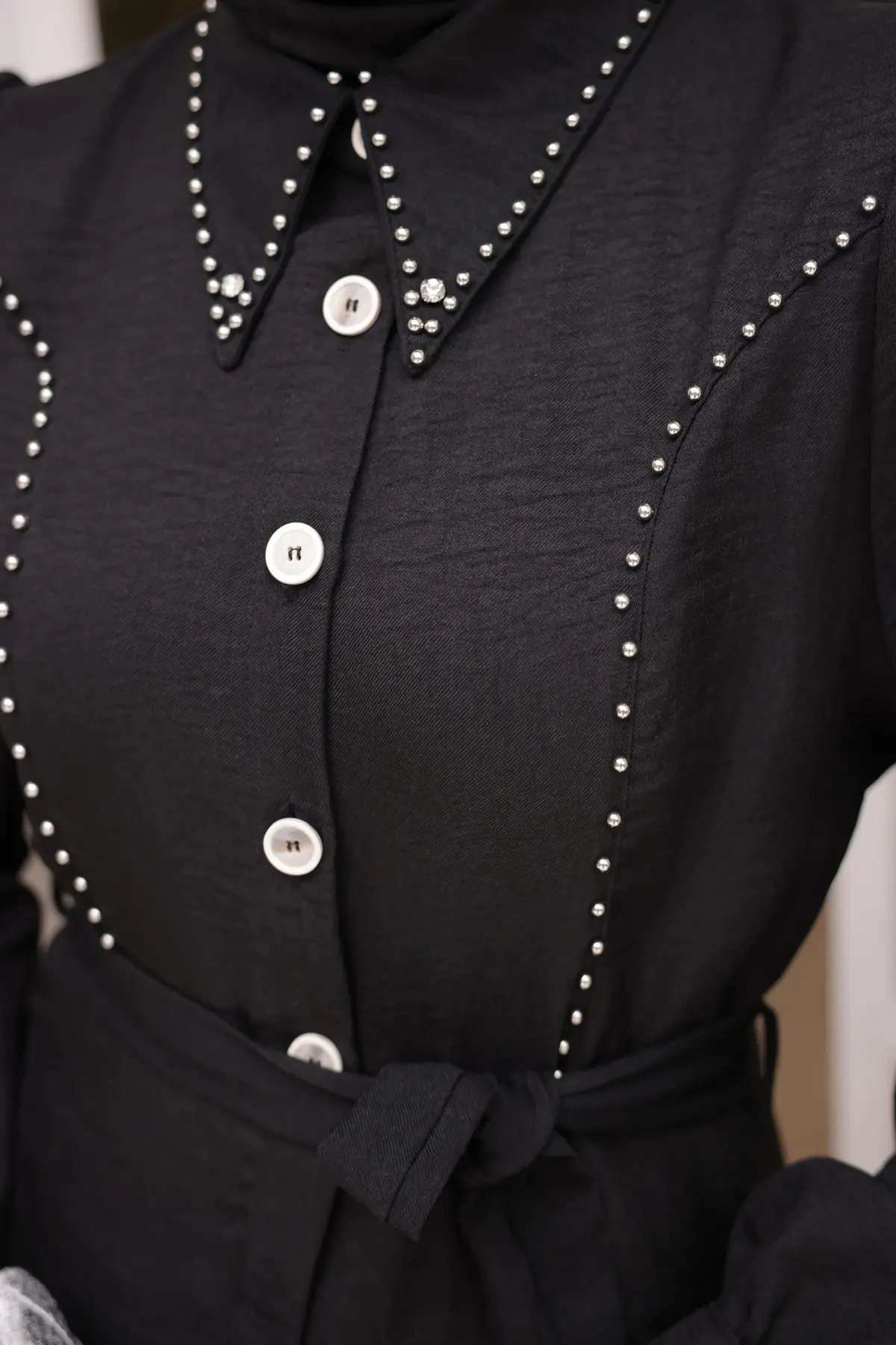 Kadın Boncuk Detaylı Elbise 6809 Siyah-detail