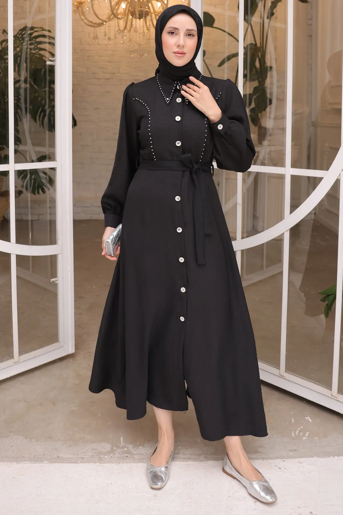 Kadın Boncuk Detaylı Elbise 6809 Siyah-detail