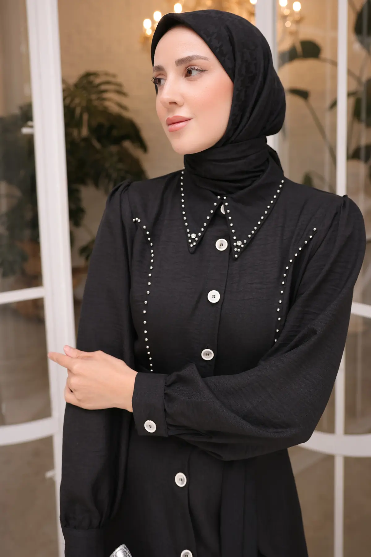 Kadın Boncuk Detaylı Elbise 6809 Siyah-detail