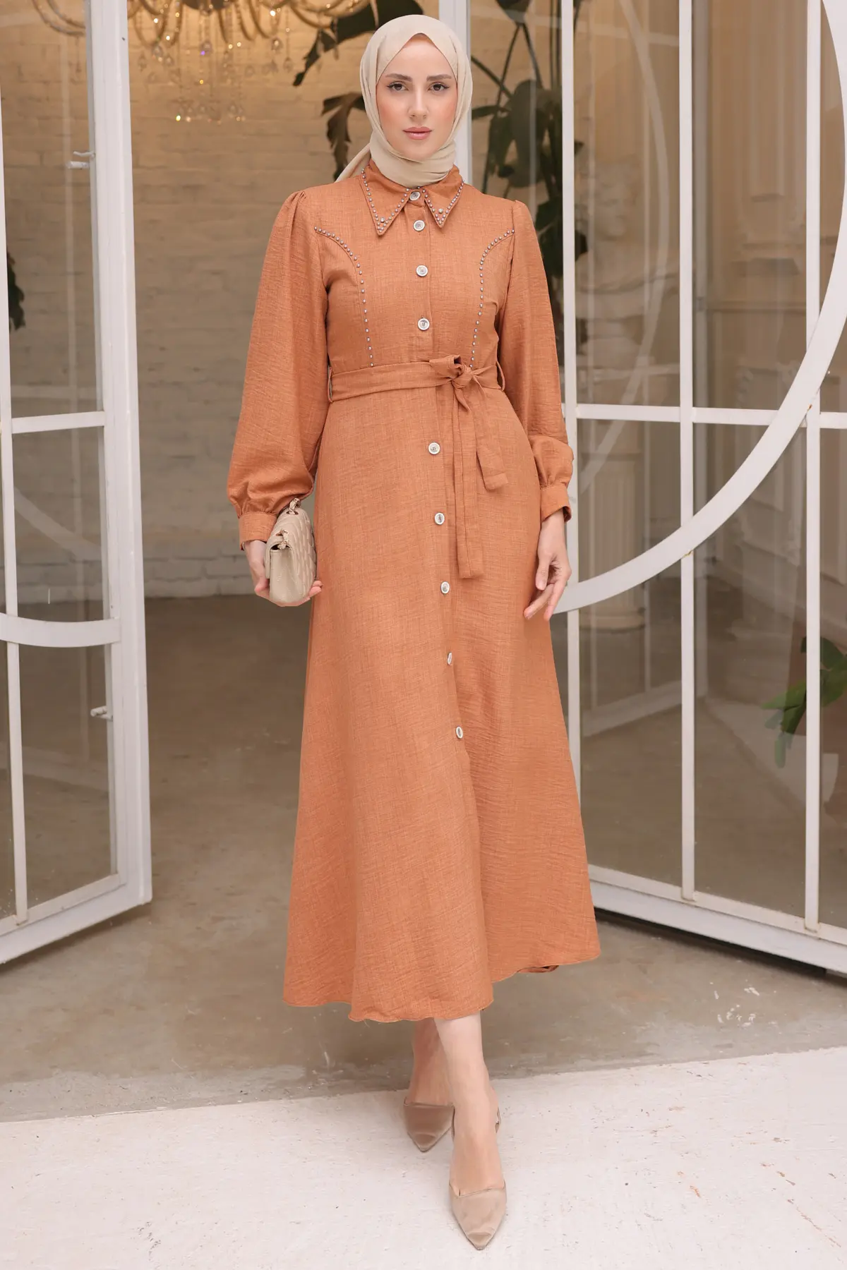 Kadın Boncuk Detaylı Elbise 6809 Tarçın-detail