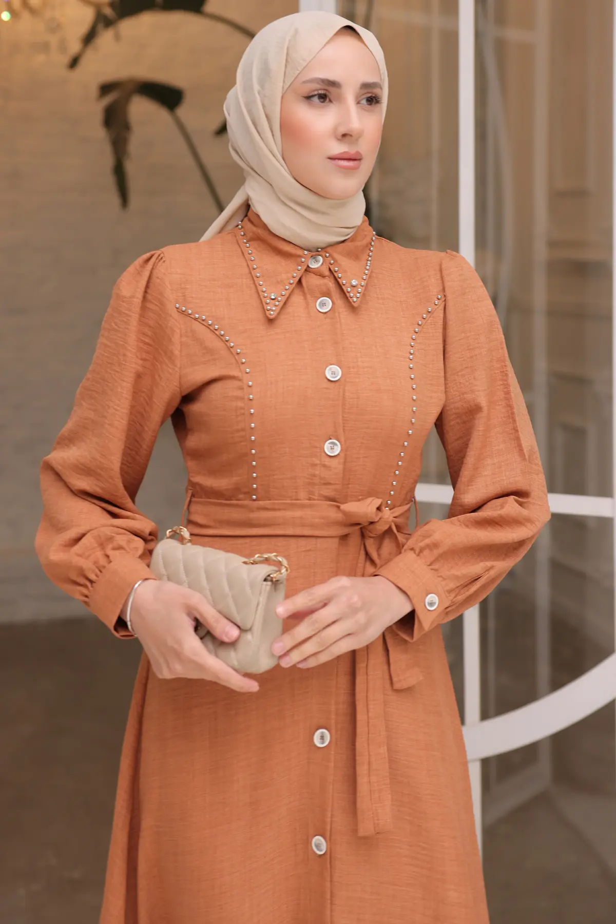 Kadın Boncuk Detaylı Elbise 6809 Tarçın-detail