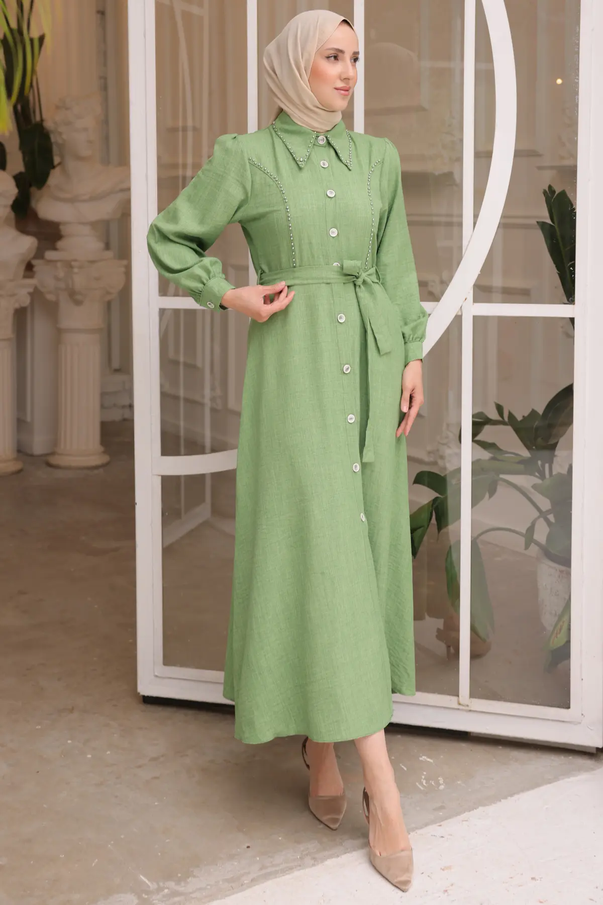 Kadın Boncuk Detaylı Elbise 6809 Yeşil-detail